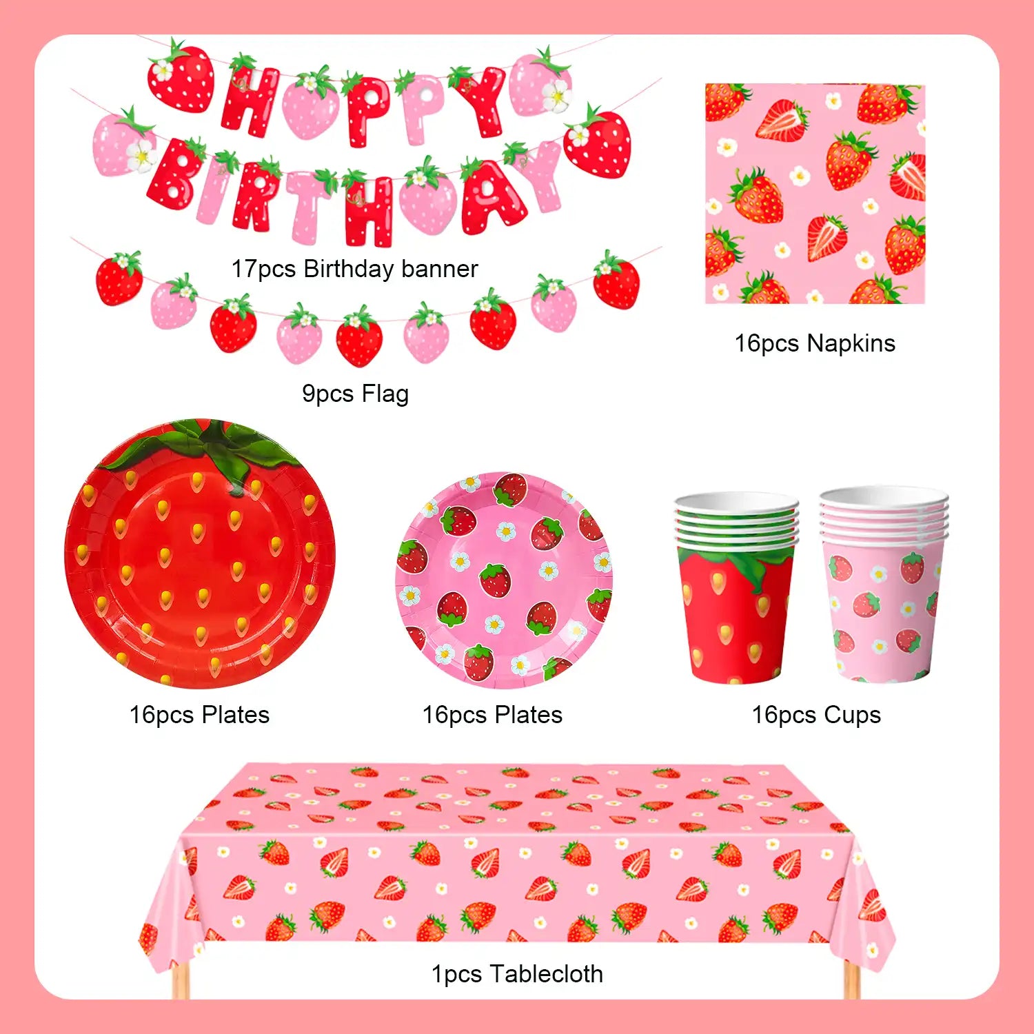 Strawberry Birthday Tableware, 91pcs Strawberry Party Tableware Set - Strawberry Birthday Party Plates Napkins Cups Tablecloth etc Strawberry Baby Shower Tableware for Strawberry Birthday Decorations