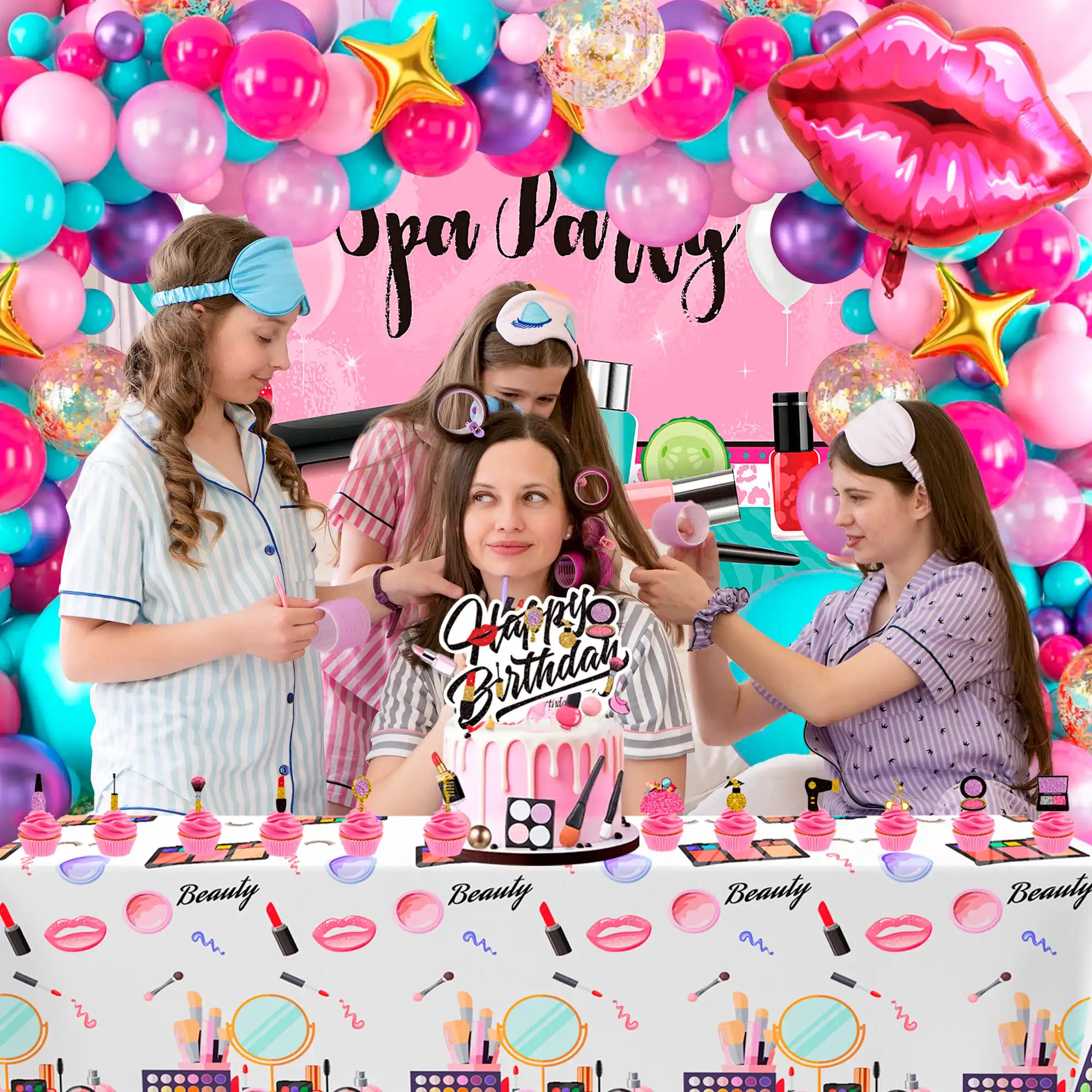 Makeup Birthday Party Decorations, 101 Pcs Spa Birthday Party Decorations - Spa Party Balloons Backdrop Cake Toppers Tablecloth etc Spa Party Decorations for Girls Spa Party Supplies