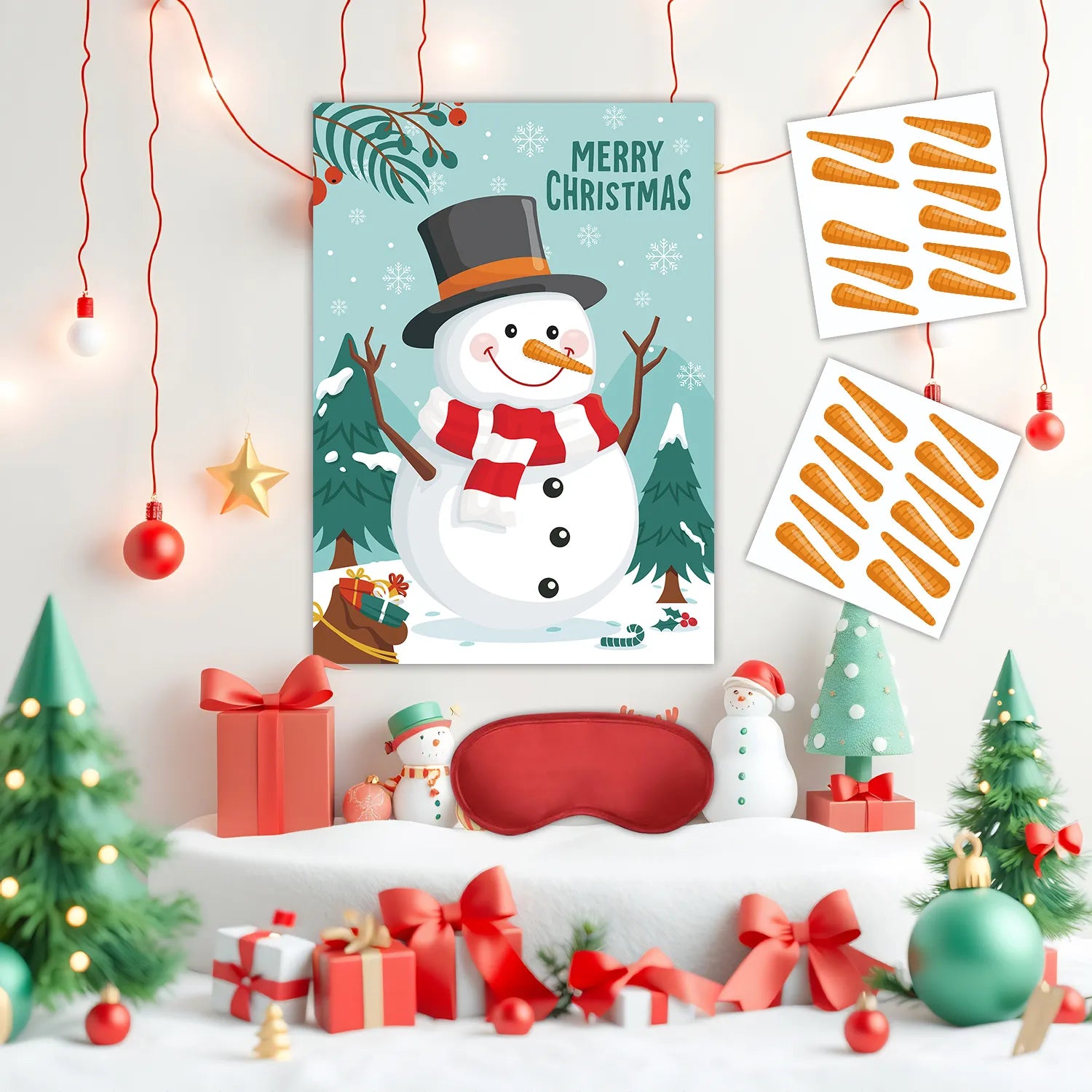 Christmas Pin The Nose Game, 5 Pcs Pin The Nose on The Snowman Game Supplies - Christmas Pin The Poster, Christmas Party Blindfold and Carrot Nose Christmas Stickers for Kids Christmas Party Games