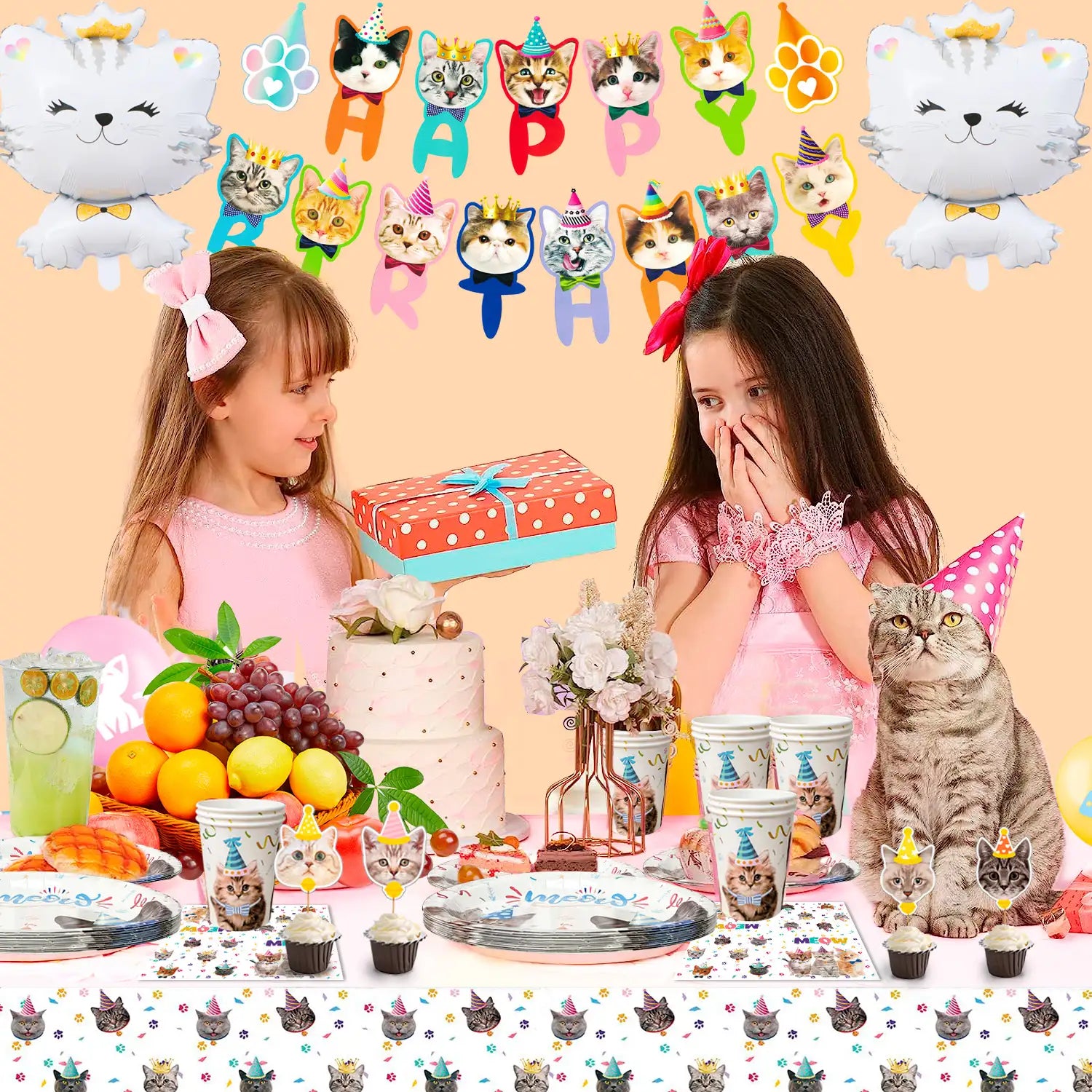 Cat Birthday Party Supplies, 16 Guests Cat Birthday Decorations & Cat Theme Tableware Set-Cat Party Plates Napkins Tablecloth&Cat Birthday Banner Balloons etc Cat Themed Birthday Party Supplies for Girls