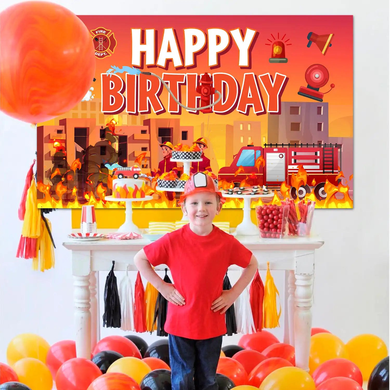 Fire Truck Birthday Backdrop, 70.8''x43.3'' Fireman Birthday Party Backdrops, Firetruck Themed Birthday Background & Firetruck Happy Birthday Backdrop for Firetruck Birthday Decorations Supplies
