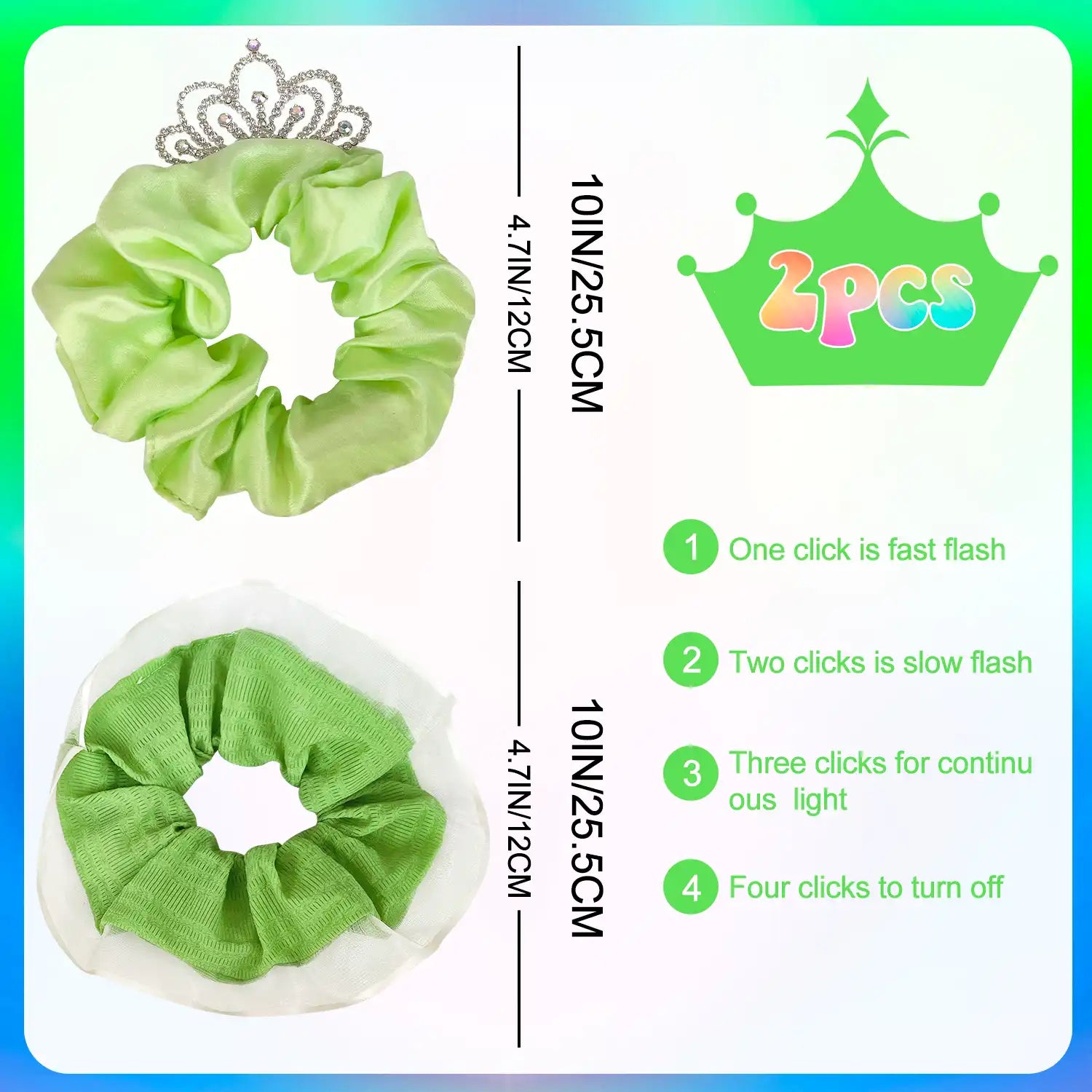 Light Up Scrunchies with Crown, 2 Pcs Glow Scrunchies Set - Glow in The Dark Scrunchies, Led Light Up Hair Scrunchies & Glow in The Dark Hair Ties, for Girls/Women Led Light Up Hair Accessories(Green)