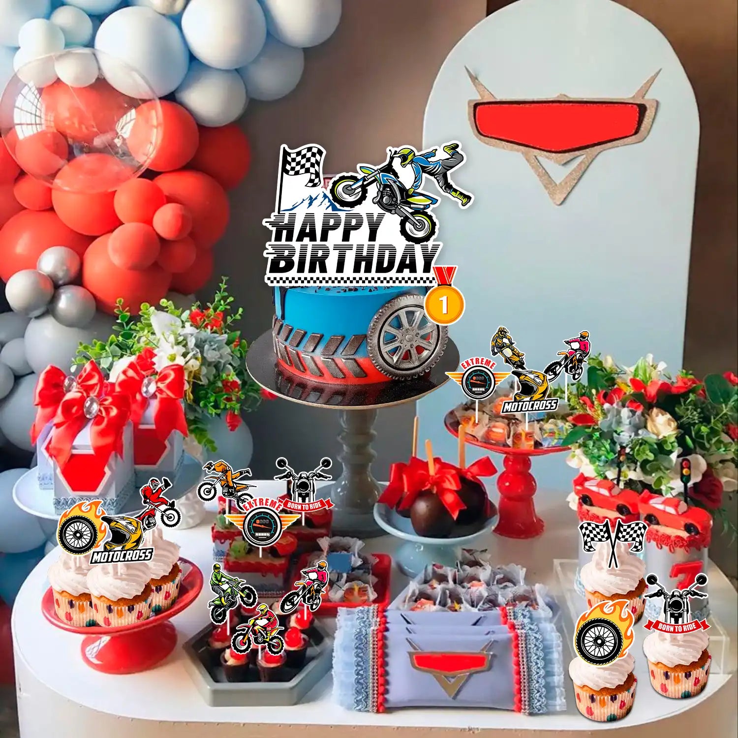 Motorcycle Cake Topper, 24 Pcs Motorcycle Cupcake Toppers/Dirtbike Cupcake Toppers + 1 Pcs Dirt Bike Cake Topper/Motorcycle Birthday Cake Decorations, for Dirt Bike Birthday Party Decorations Supplies