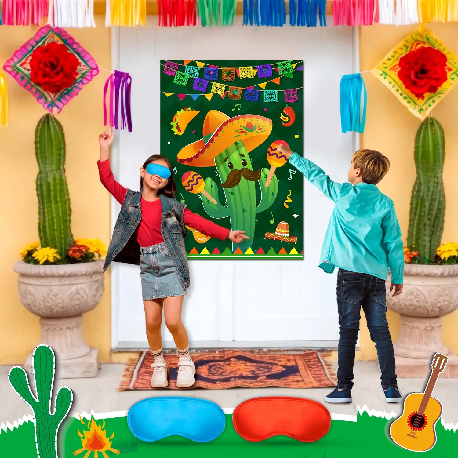 Pin The Maracas on The Cactus Mexican Games, 7 pcs Mexican Party Pin Game Set - Mexican Fiesta Party Games Poster Blindfold Maracas Mexican Stickers etc Mexican Birthday Party Decorations Supplies