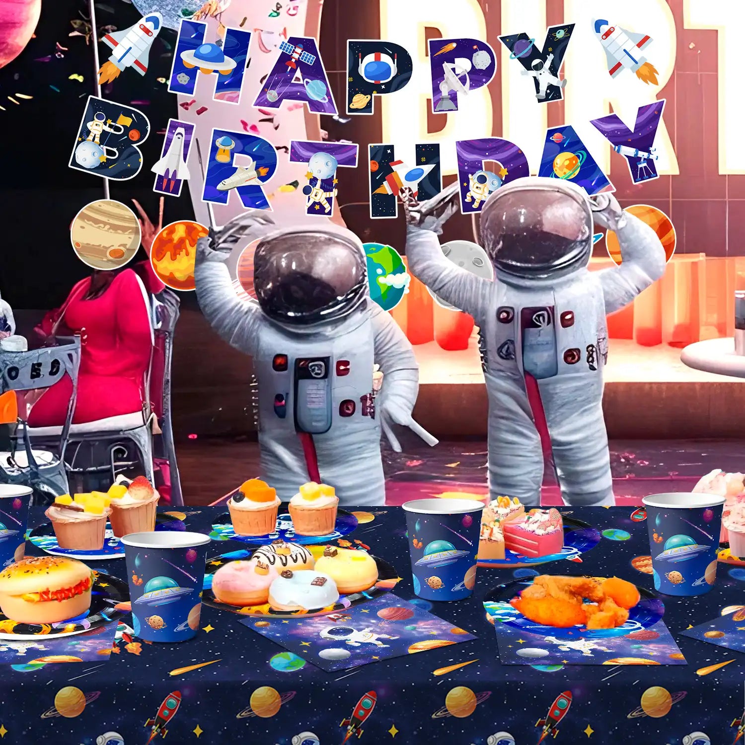 Space Theme Tableware, 24Guests Outer Space Birthday Party Supplies - Space Party Plates Napkins Tablecloth Banner Garland etc Outer Space Tableware for Space Birthday Decorations & Space Party Decorations