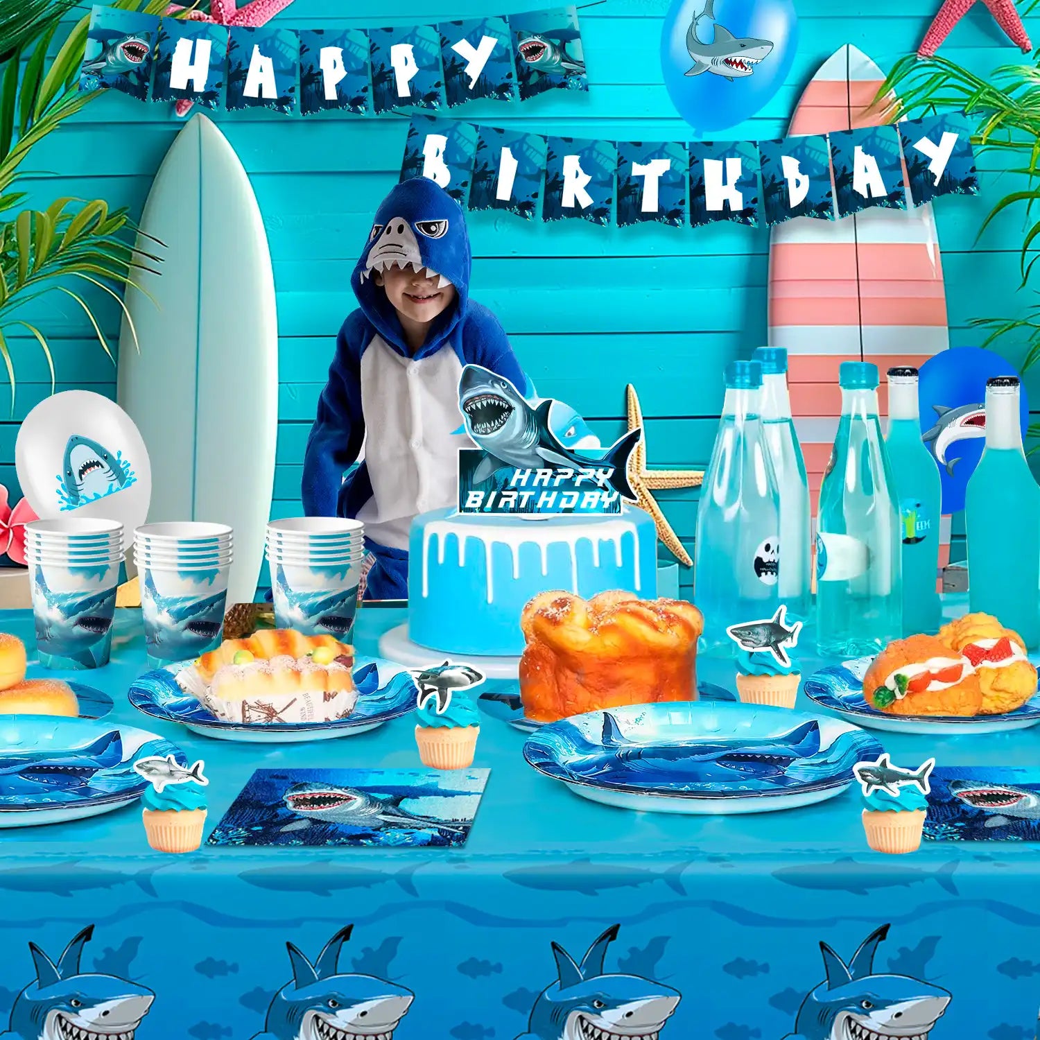 Shark Party Supplies, 10 Guests Shark Birthday Party Decorations & Shark Party Tableware Set - Shark Plates and Napkins Tablecloths & Shark Balloons Banner Shark Cake Toppers etc Shark Party Decorations