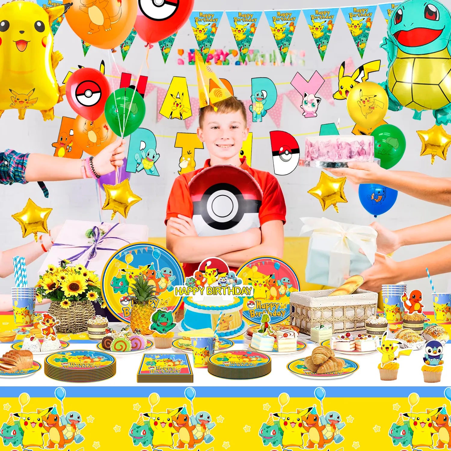 Anime Cartoon Birthday Decorations, 106 Pcs Cartoon Party Decorations for Kids Includes Cartoon Balloons Banner Cake Topper Plates Cup Napkins And Table Cloth ect Cartoon Theme Party Supplies