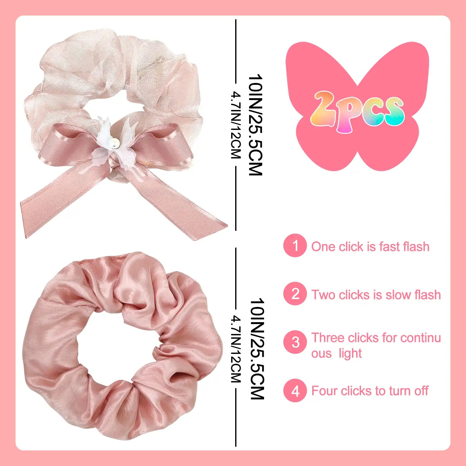 Light Up Scrunchies for Girls, 2 Pcs Glow Scrunchies Set - Glow in The Dark Scrunchies, Led Light Up Hair Scrunchies & Glow in The Dark Hair Ties, for Light Up Hair Accessories & Party Favors (Pink)