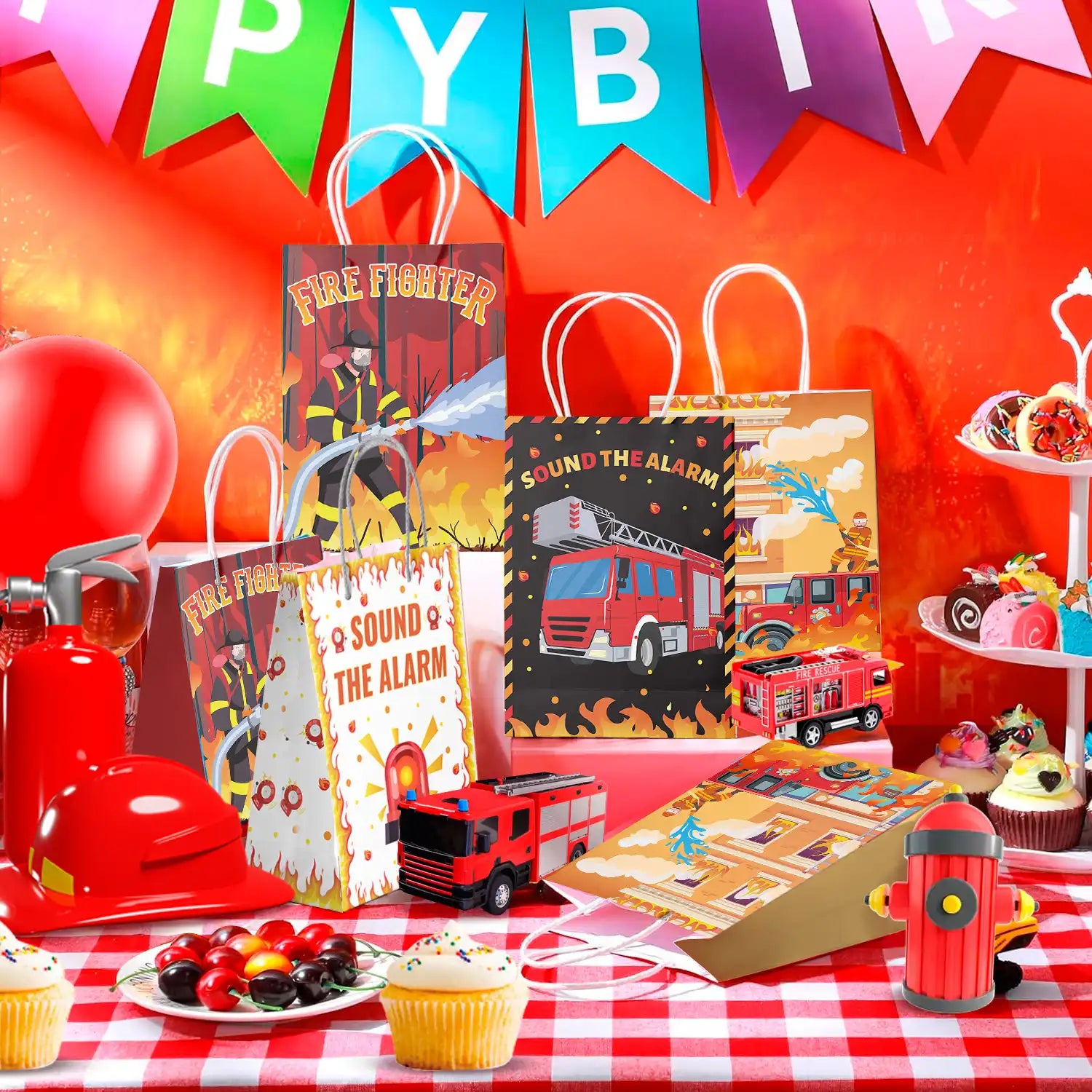 Firetruck Gift Bags, Fire Truck Party Favor Bags Set - Firetruck Birthday Gift Bags, Firefighter Party Bags & Fire Truck Goodie Bags for Fire Truck Birthday Decorations/Firefighter Party Decorations