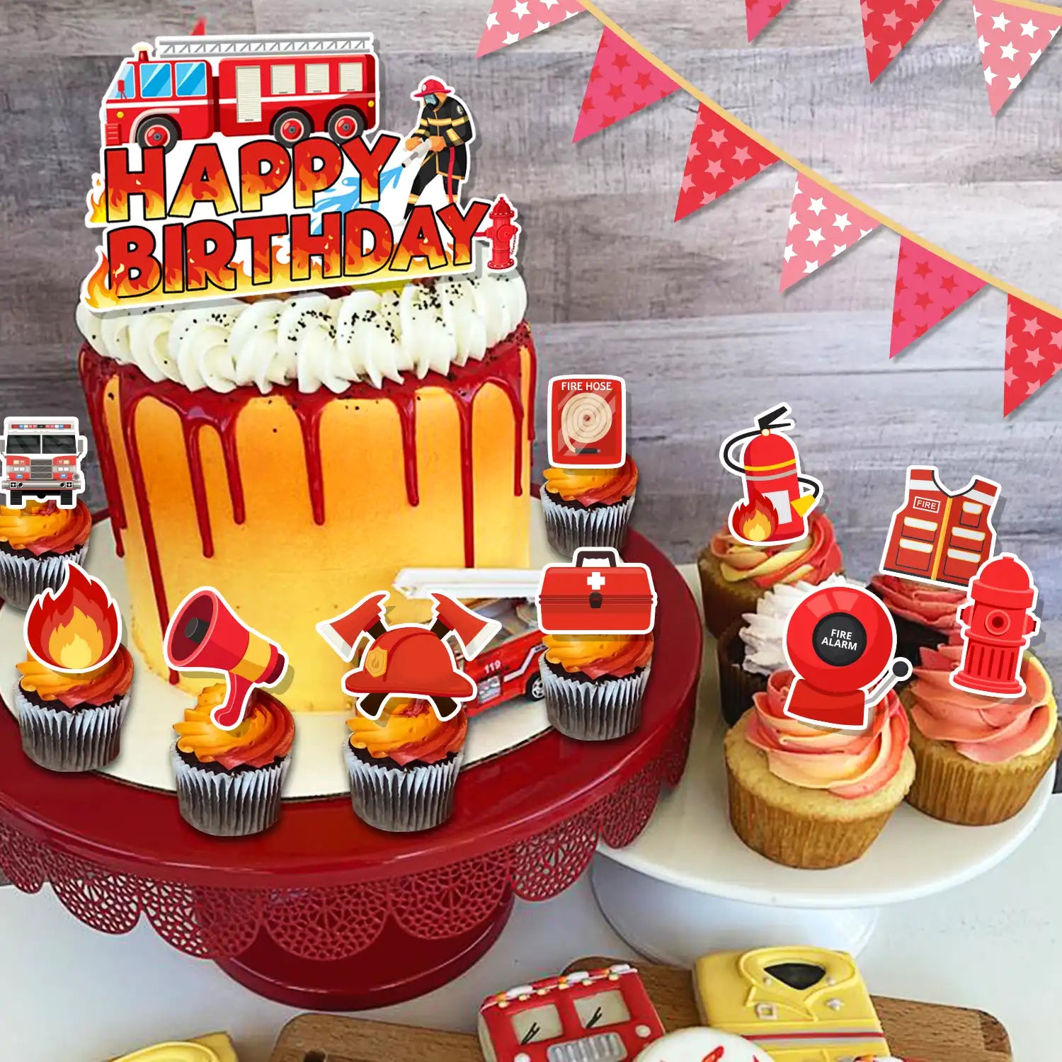 Firefighter Cake Topper, 25 Pcs Firefighter Birthday Cake Topper Set - Firefighter Party Cupcake Toppers & Firetruck Cake Toppers for Firefighter Party Decorations & Fire Truck Birthday Decorations