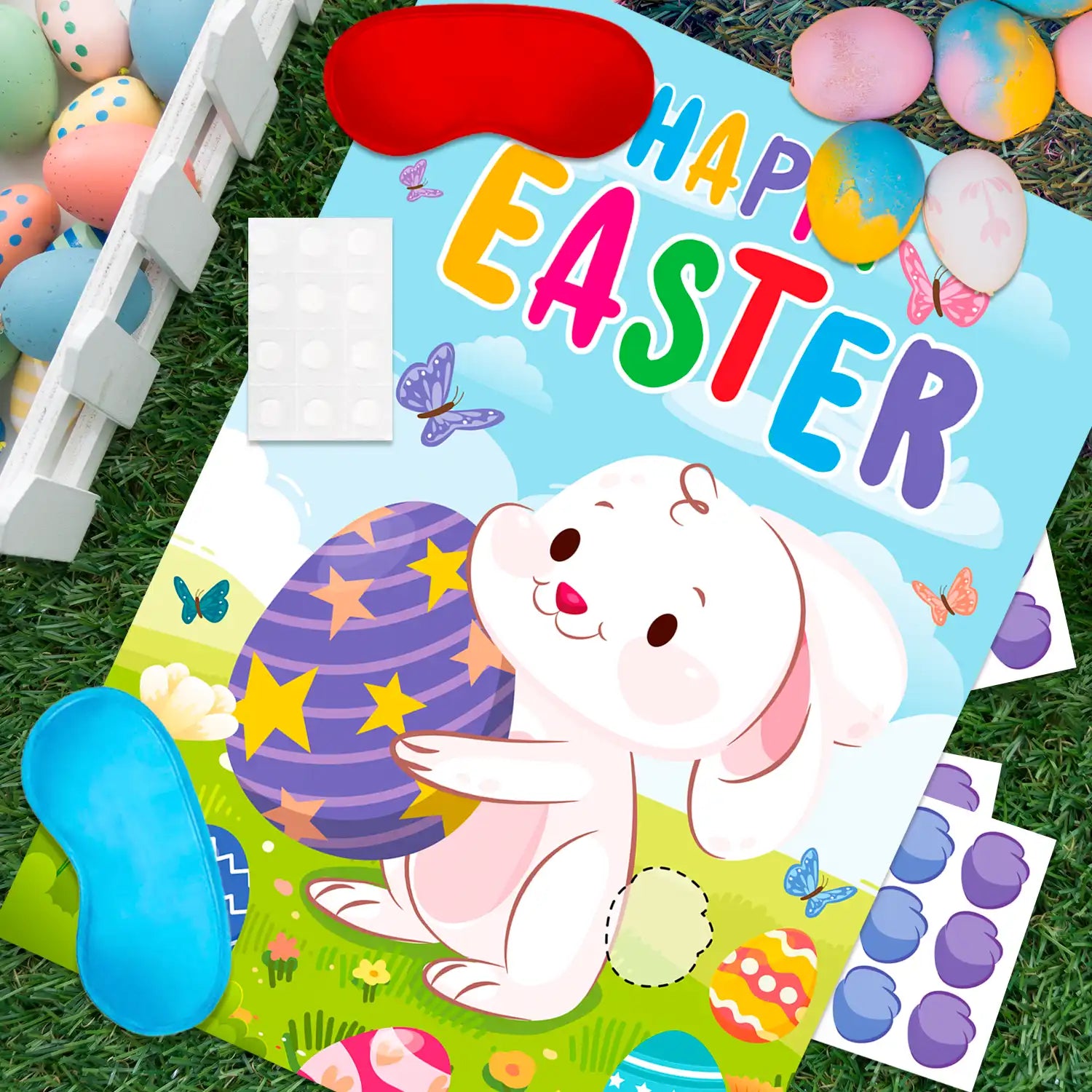 Pin The Tail on The Bunny Easter Games, 7 Pcs Pin The Tail on The Bunny Game Supplies - Easter Games Poster, Bunny Tail Easter Stickers & Easter Party Blindfold etc Easter Party Decorations Supplies