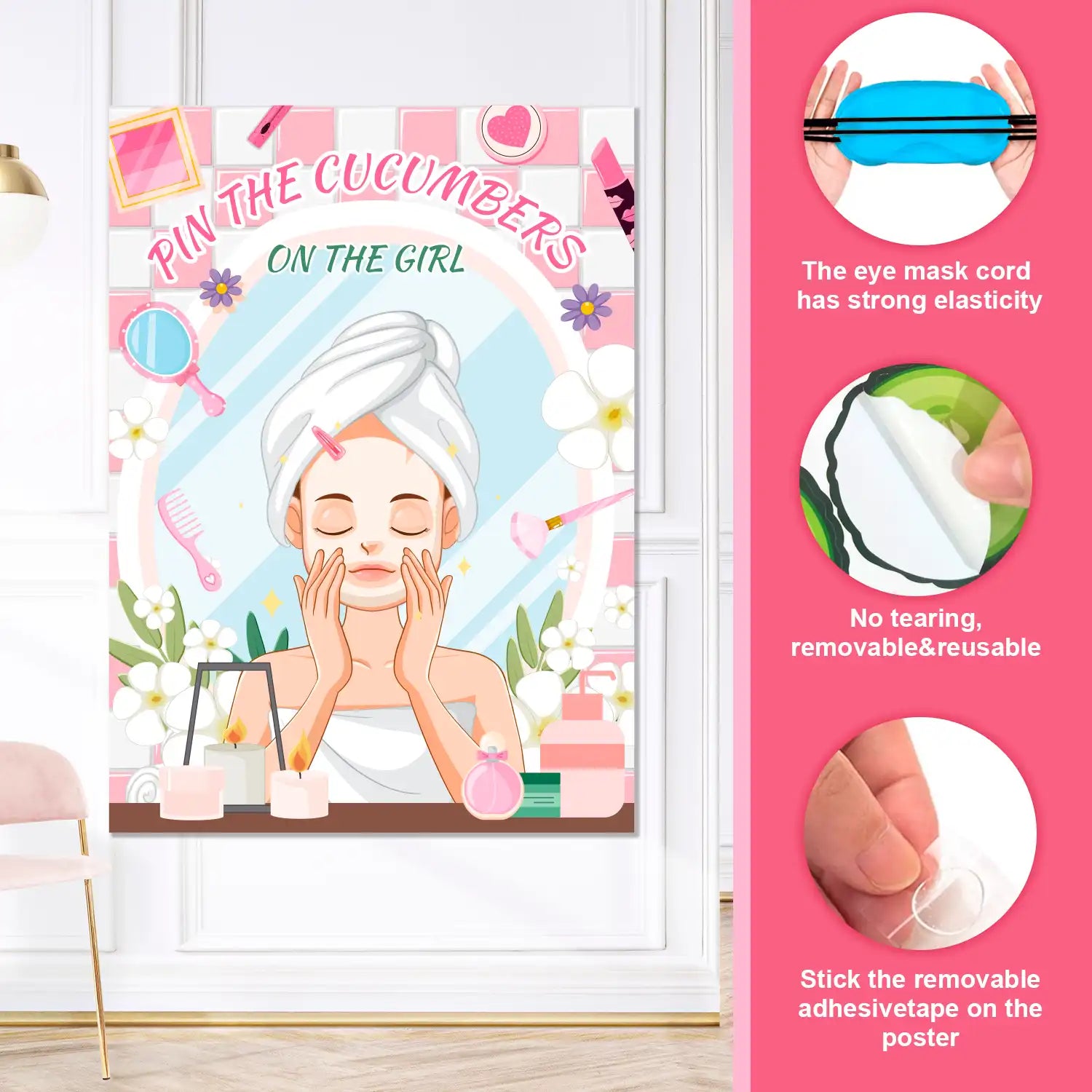 Spa Party Games, 7pcs Pin The Cucumber on The Girl Set - Spa Game Poster, Cucumber Stickers & Spa Birthday Party Decorations Blindfold for Women Kids Spa Party Supplies