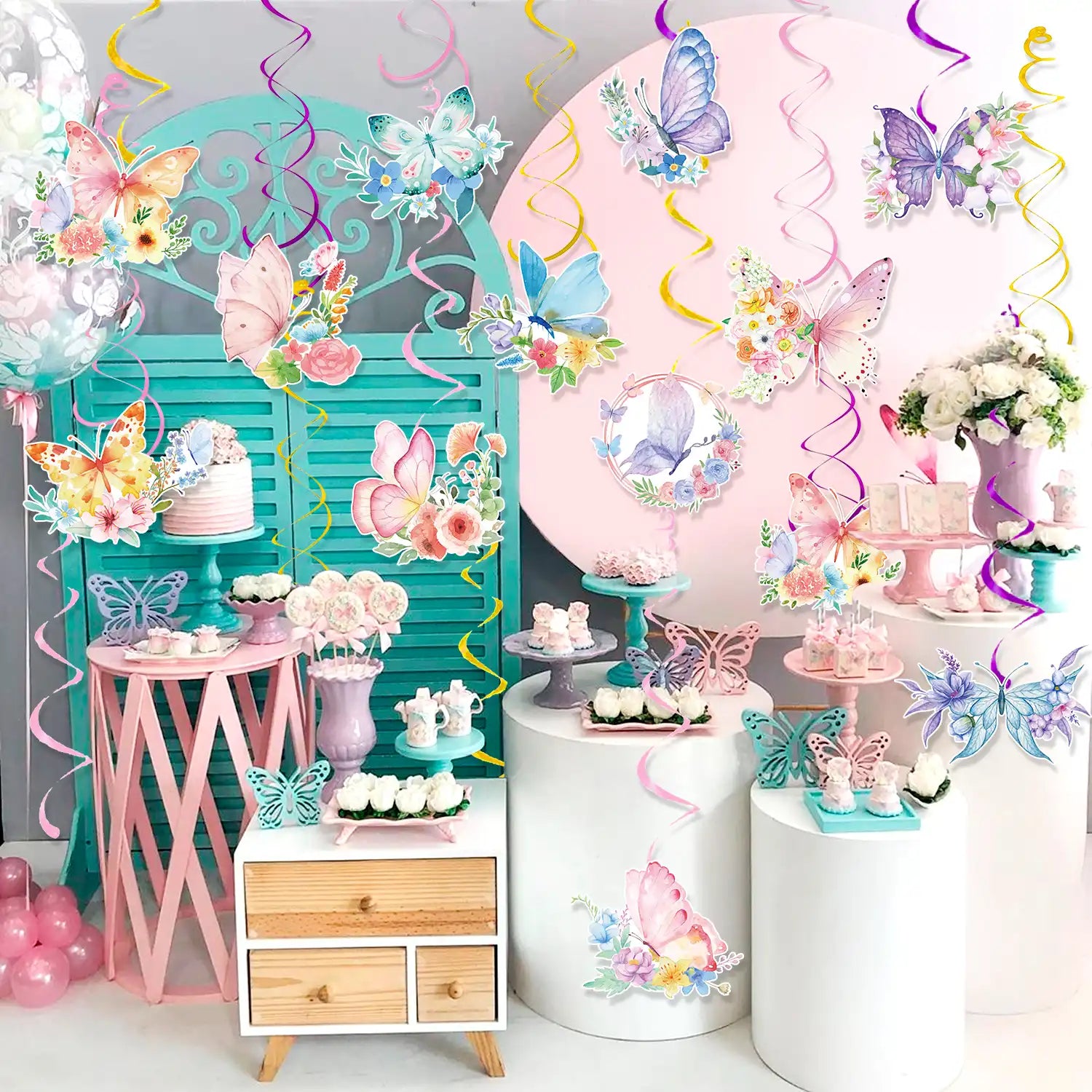 Butterfly Hanging Swirls - 57 Pcs Butterfly Themed Swirls, Butterfly Floral Hanging Swirl & Butterfly Hanging Ceiling Swirl for Butterfly Birthday Decorations & Butterfly Party Decorations