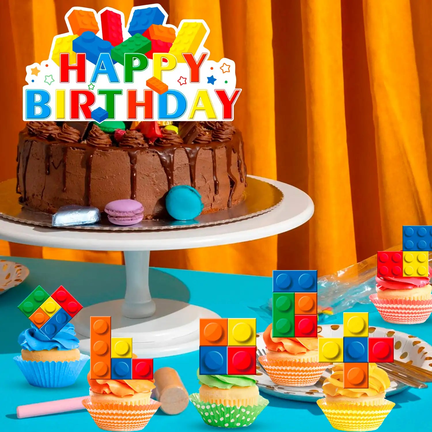 Building Blocks Cake Topper, 24 Pcs Building Block Birthday Party Cupcake Toppers + 1 Pcs Building Block Birthday Cake Topper/Building Blocks Cake Decorations for Building Block Theme Party Decoration