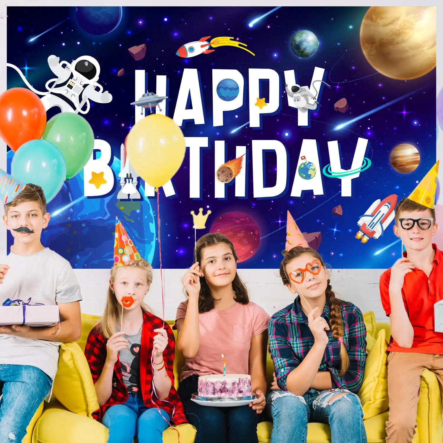 Space Backdrop, 71'' x 43'' Outer Space Birthday Backdrop, Outer Space Happy Birthday Backdrop & Space Themed Party Backdrop, for Outer Space Party Decorations & Outer Space Birthday Decorations