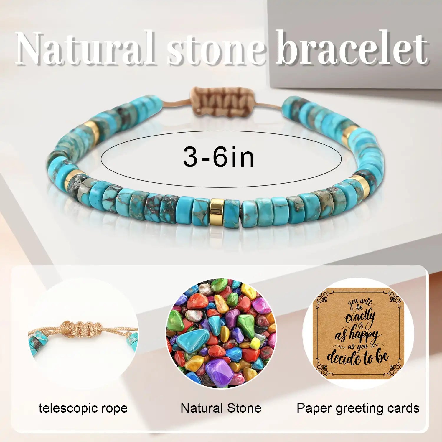 Turquoise Bracelet for Women, 3-6'' Adjustable Turquoise Beaded Bracelets Stone Bracelets Turquoise Gemstones Beaded Stretch Bracelet Natural Stone Bracelets Inspirational Bracelets for Women