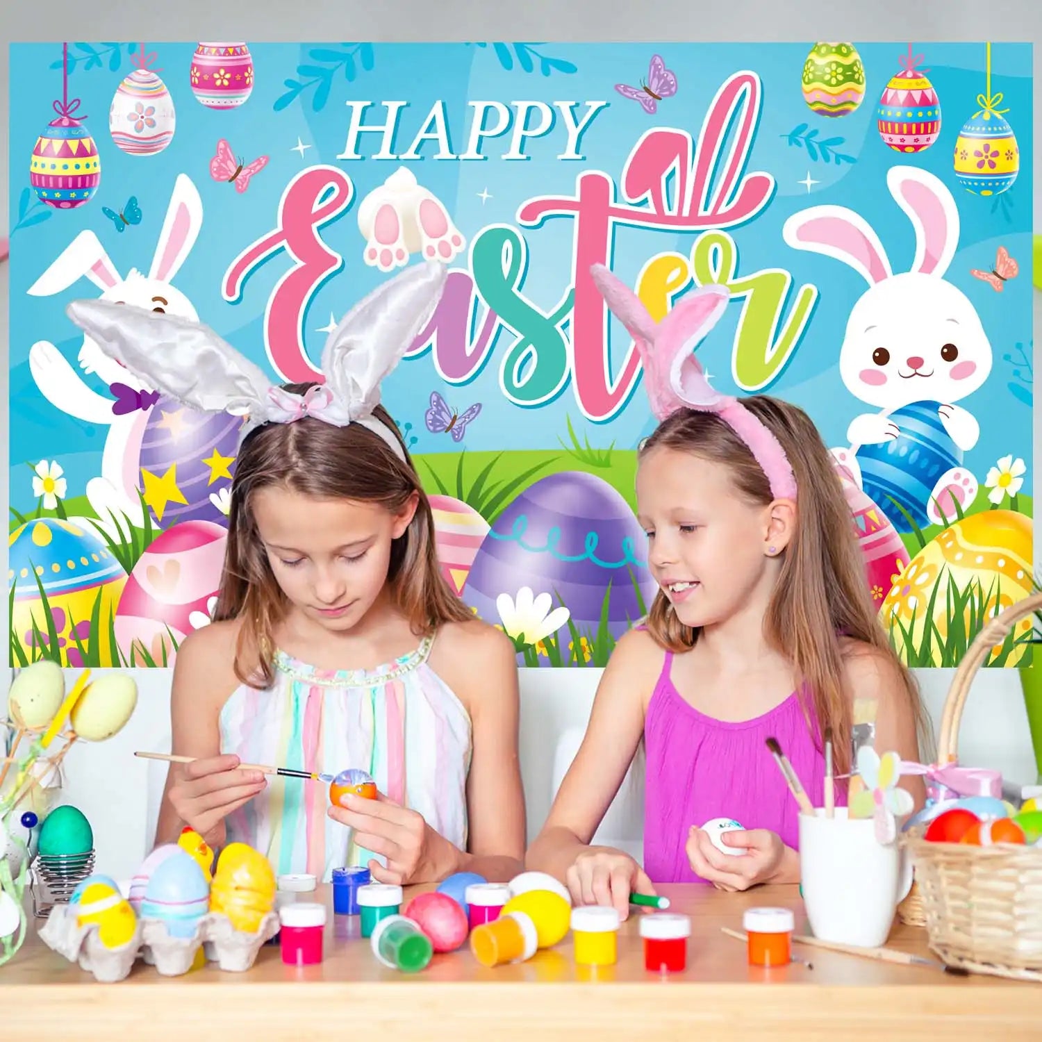 Happy Easter Backdrop - 71''x43'' Easter Party Backdrop, Easter Background Banner & Easter Photography Background for Spring Easter Family Party Photo Props