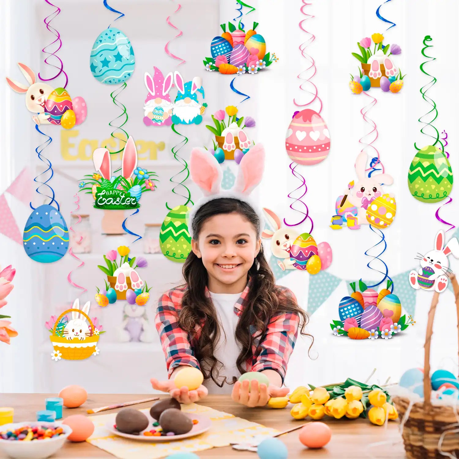 Easter Hanging Swirl Decorations, 56 Pcs Easter Party Hanging Swirls, Easter Bunny Hanging Swirls & Easter Foil Swirl Decorations for Easter Party Decorations & Happy Easter Decorations