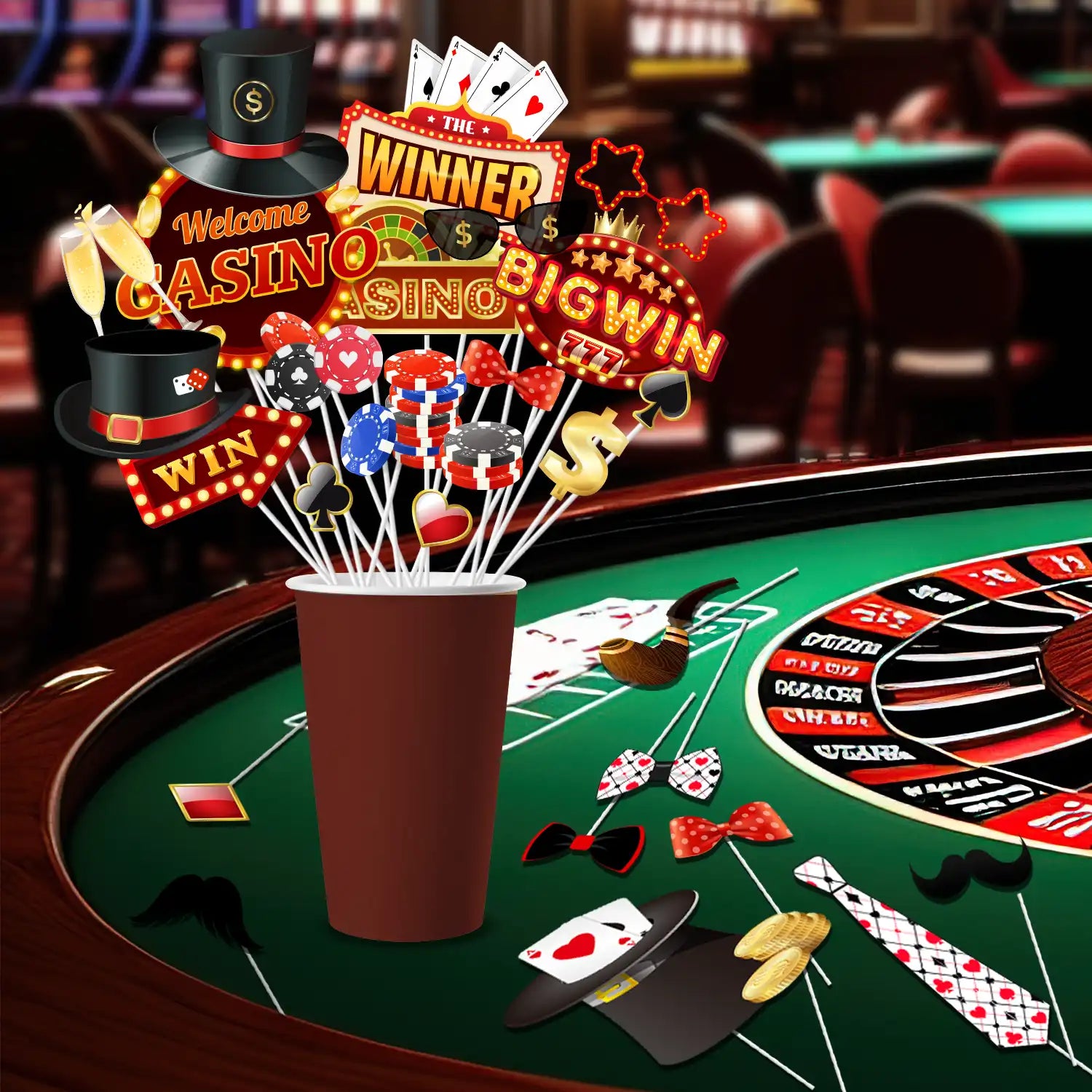 Casino Photo Booth Props, 28 Pcs Casino Themed Photo Booth Props, Casino Night Photo Booth Props & Casino Theme Party Photo Booth Props for Casino Theme Party Decorations & Las Vegas Party Decorations
