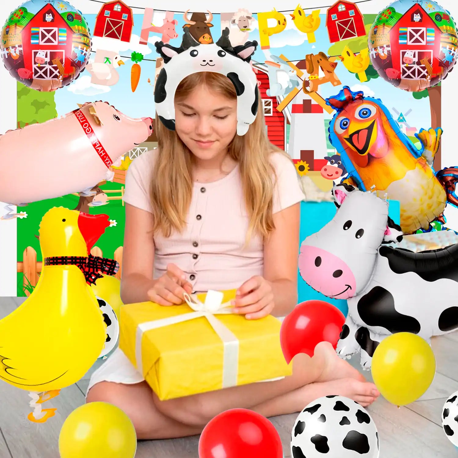 Farm Animal Birthday Decorations, 49pcs Farm Party Decorations Set Including Farm Animal Balloons Backdrop Cupcake Toppers Head Hoop etc Farm Birthday Decorations Supplies for Girls/Boys Kids