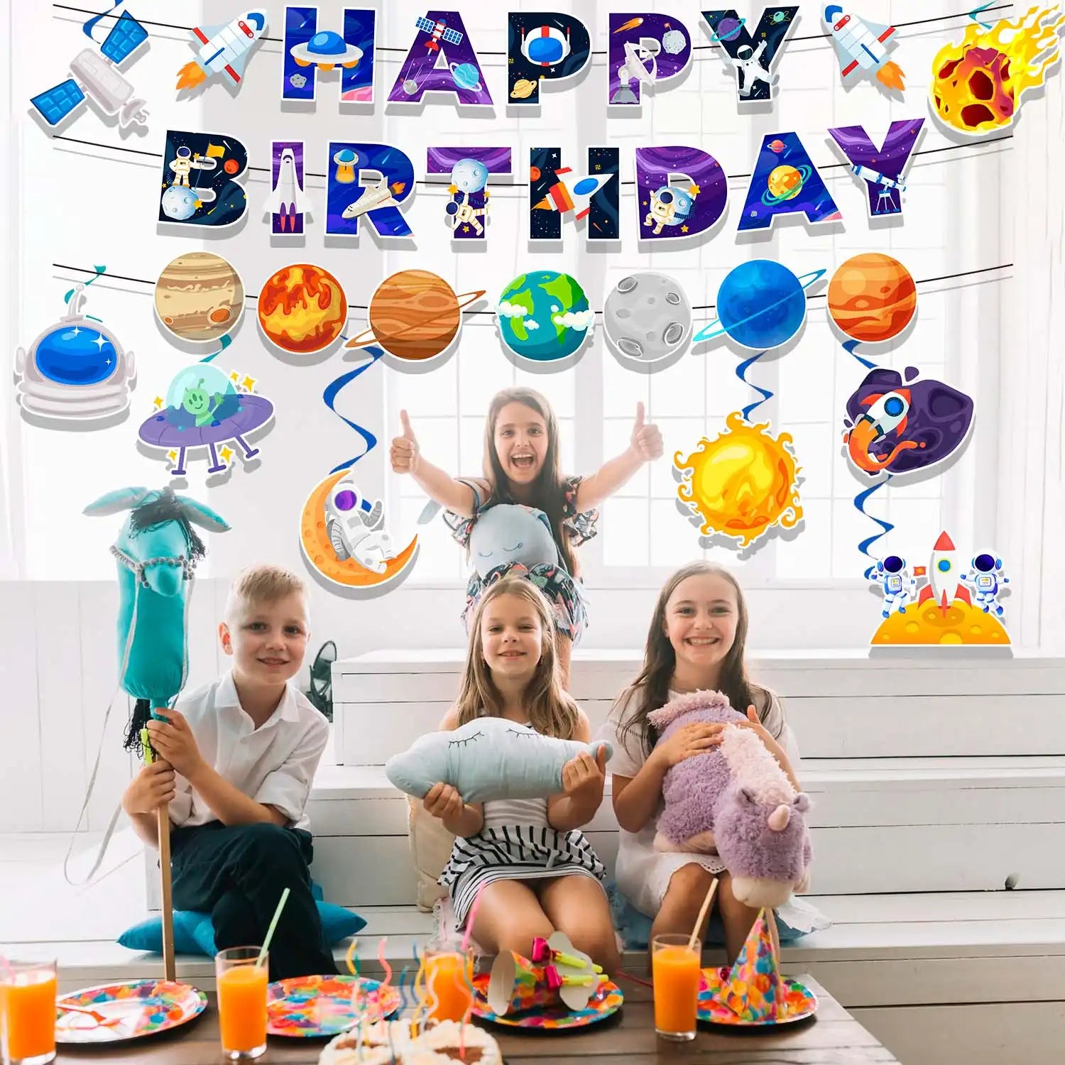 Outer Space Birthday Party Decorations Set - Space Themed Happy Birthday Banner & Solar System Hanging Swirl Decorations for Space Themed Party Decorations and Space Birthday Decorations Supplies
