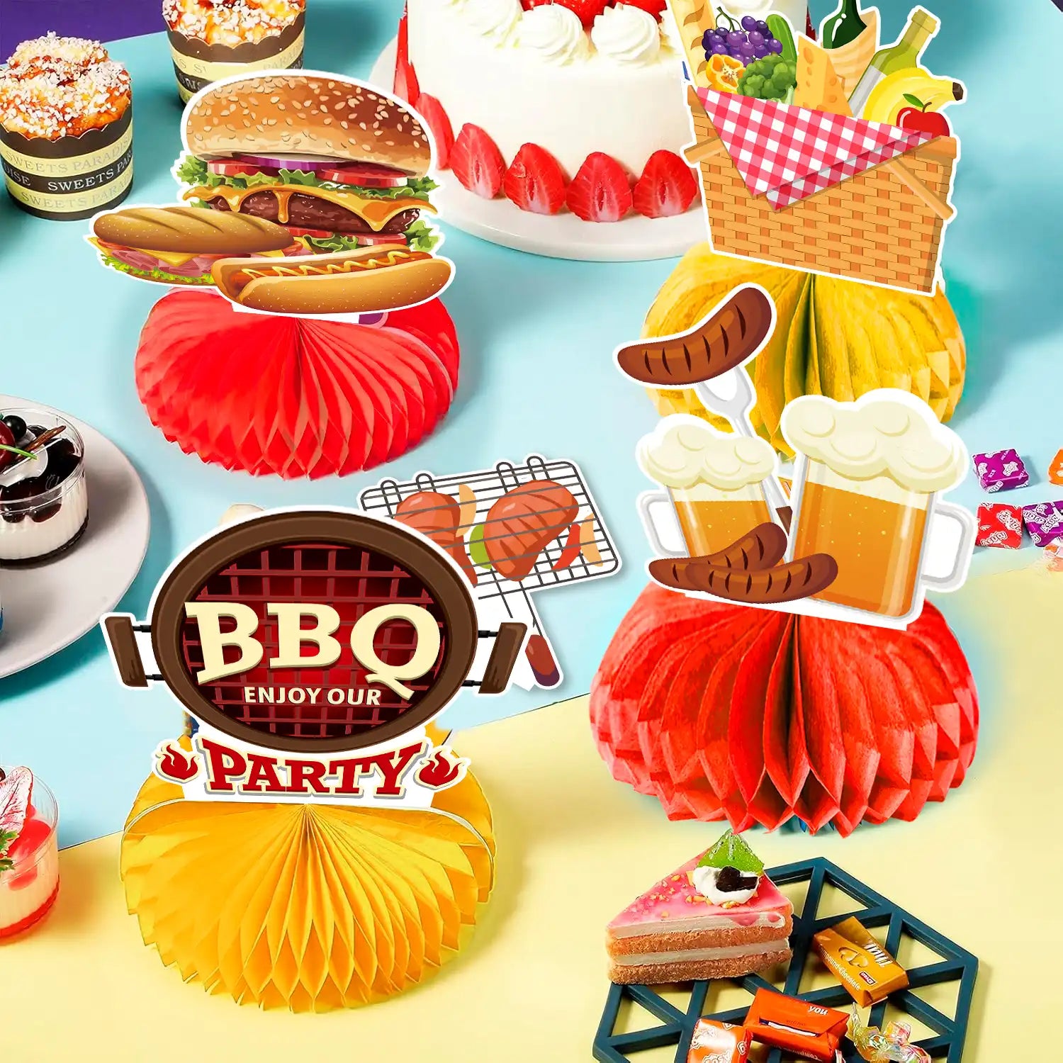 9pcs BBQ Baby Shower Centerpieces, Summer BBQ Centerpieces Summer BBQ Table Decor BBQ Theme Honeycomb Centerpieces for Picnic Party Decorations Supplies Summer Barbecue Holidays Supplies
