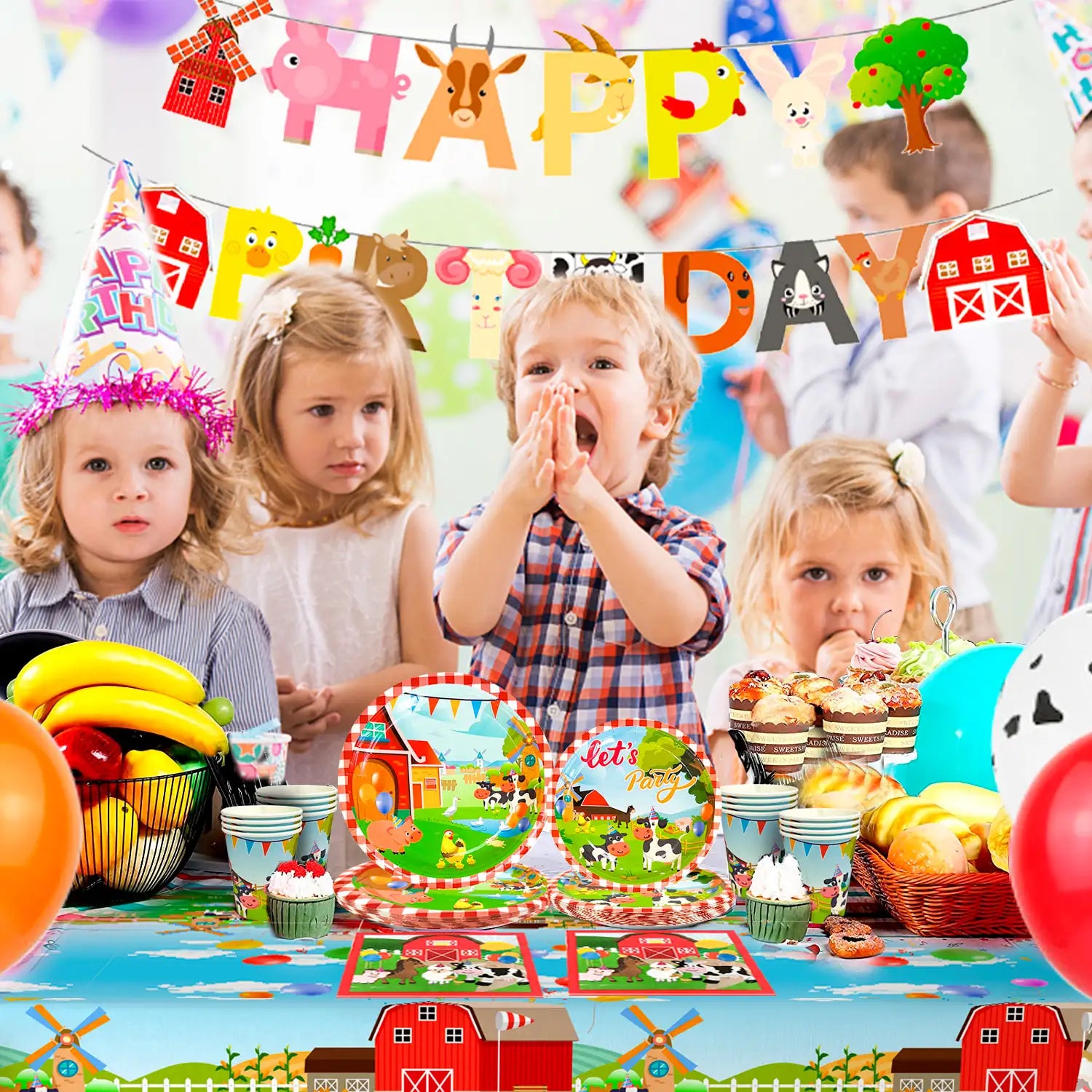 Farm House Fun Barnyard Animals Party Supplies, 16 Guests Farm Party Tableware Set-Farm animals Birthday Banner,Farm Plates Cups Napkins Tablecloth ect Farm Birthday Party Supplies,Serves 16