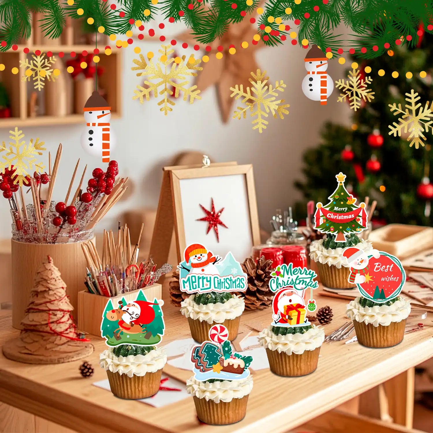 Christmas Cake Topper, 13 Pcs Christmas Cake Decorations Set- 12 Pcs Christmas Cupcake Toppers/Christmas Party Cup Cake Toppers & 1 Pcs Xmas Cake Toppers for Christmas Party Decorations Supplies