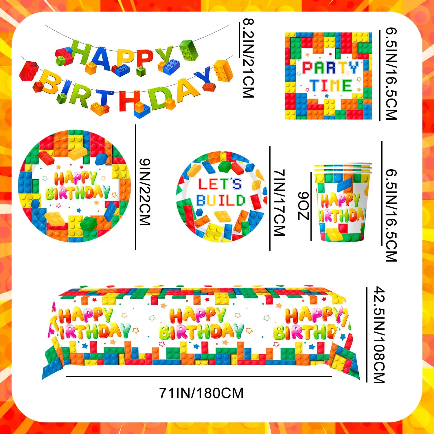 Building Blocks Birthday Party Supplies-16 Guests Building Blocks Party Tableware set-Building Block Party Plates Napkins Tablecloth Banner etc Colorful Building Block Party Supplies for kids Boys/Girls