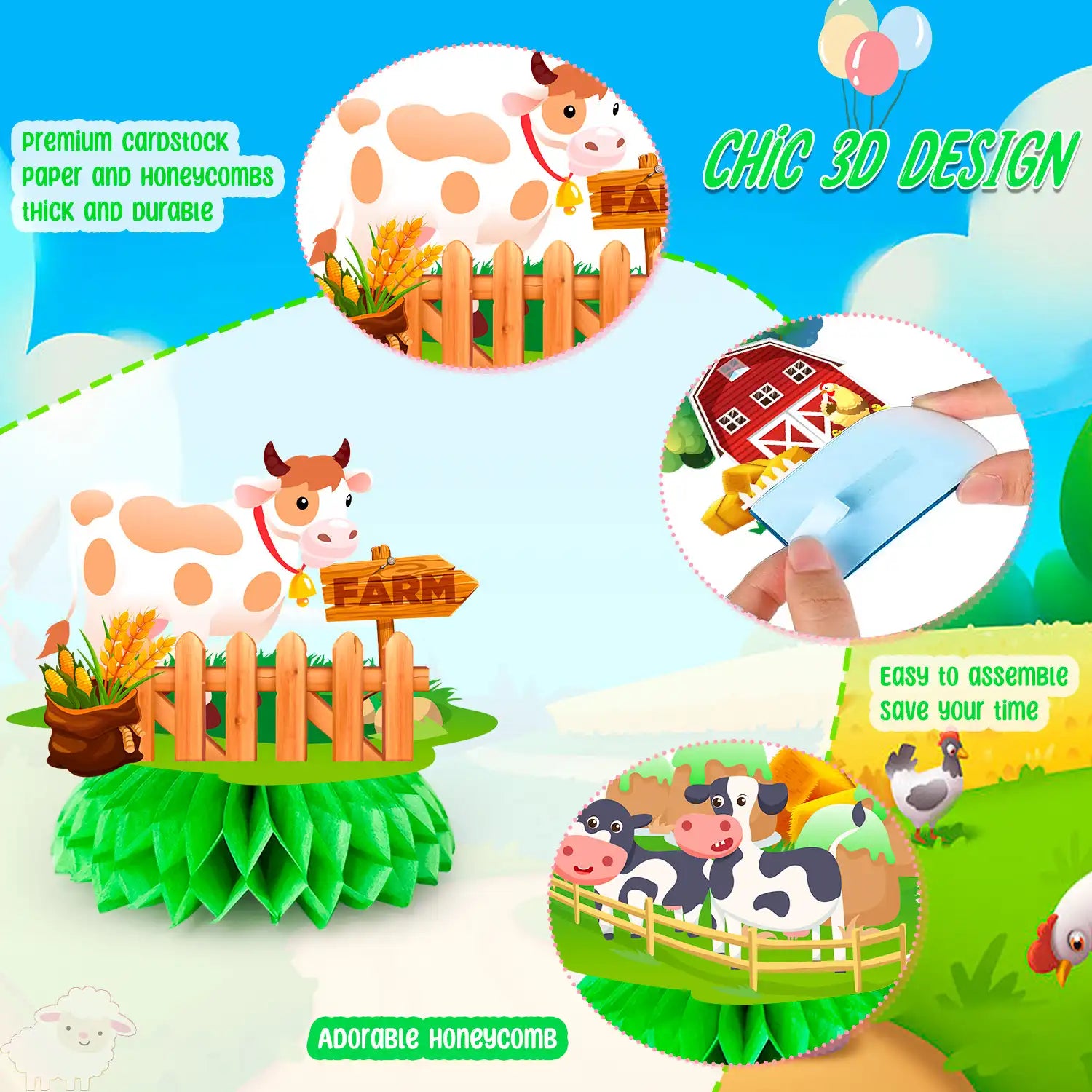 Farm Honeycomb Ceterpieces, 9 Guests Farm Animals Honeycomb Decorations, Farm Theme Birthday Party Honeycomb Centerpieces & Farm Animal Party Centerpieces, for Boys/Girls Farm Animal Birthday Decorations