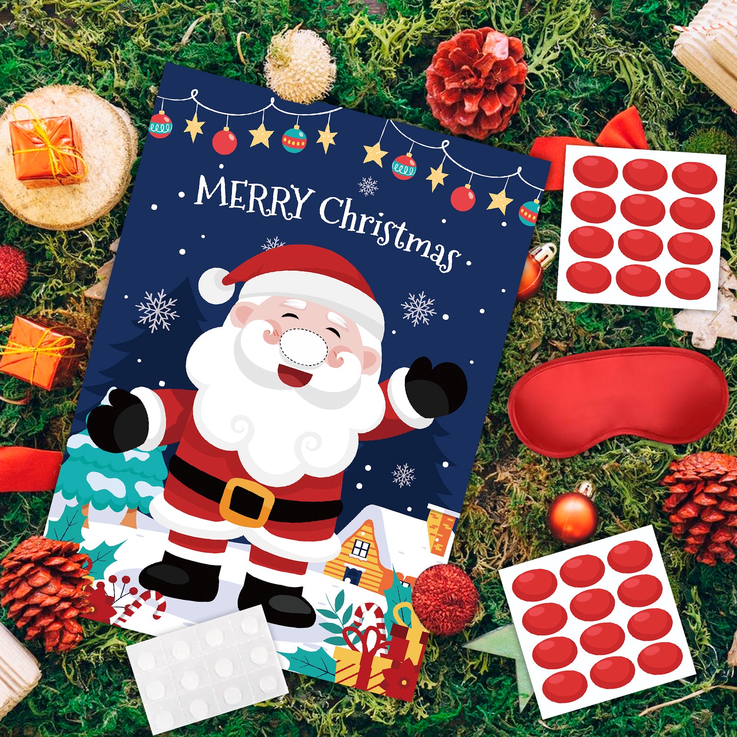 Pin The Christmas Game,5 Pcs Christmas Pin Party Game Supplies-Christmas Pin The Poster,Christmas Party Blindfold&Red Nose Christmas Stickers etc Christmas Pin The Nose Game for Christmas Decorations
