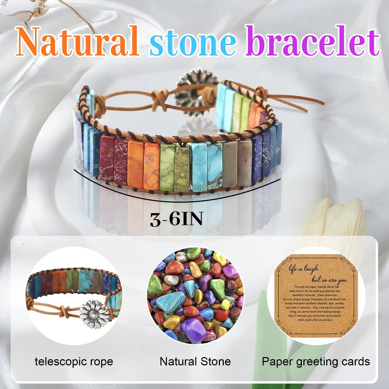 Handmade Rectangular Stone Bracelets, 3 to 6 Inch Wrap Natural Stone Bracelet, Inspirational Gifts Bracelets Bohemian Colorful Gemstone Jewelry, Adjustable Inspirational Bracelets for Women