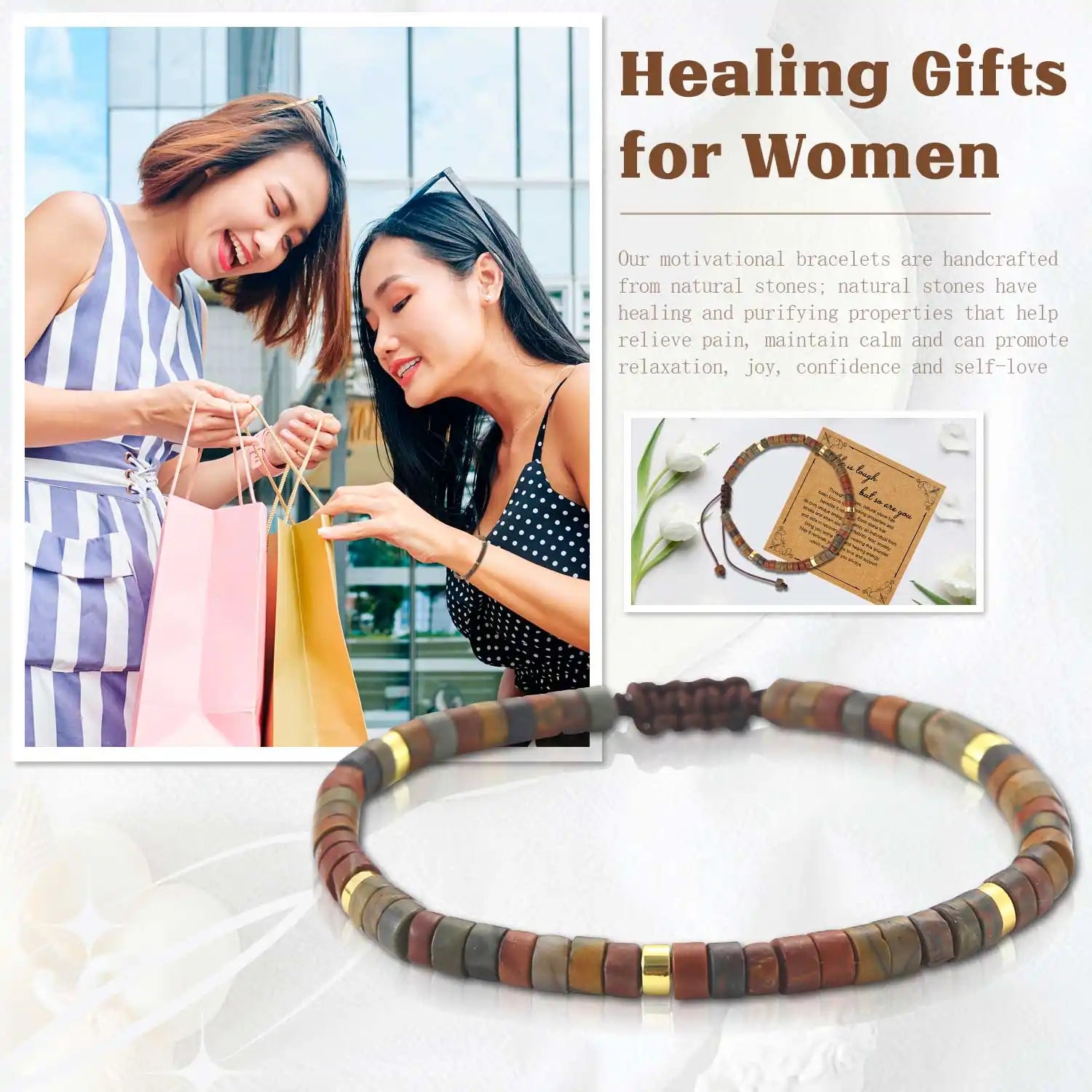 Crystal Stone Bracelets, 3 To 6'' Natural Stone Bracelets Healing Crystal Bracelet Yoga Bracelet Natural Stones, Adjustable Bracelet for Women (Brown)
