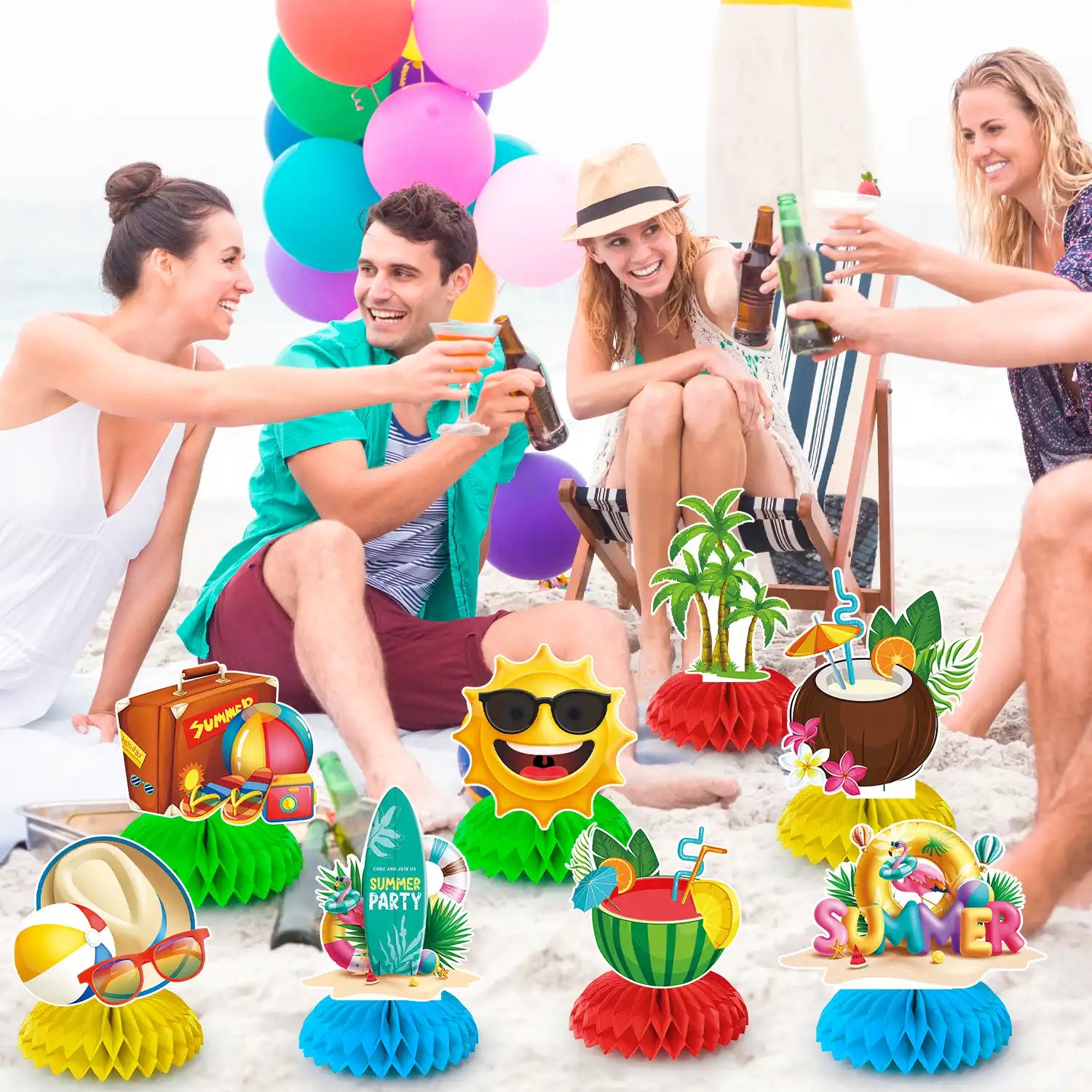 Summer Party Honeycomb Centerpieces - 9pcs summer party decorations honeycomb, beach summer honeycomb centerpiece & beach party centerpiece decorationsfor Summer Beach Party Decorations
