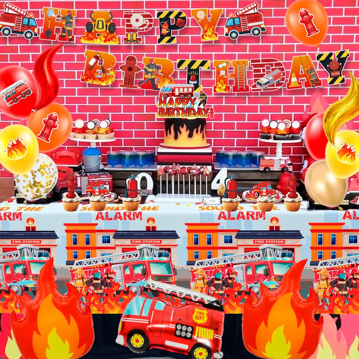 Fire Truck Party Decorations, 110 Pcs Firetruck Birthday Decorations - Fire Truck Party Balloons & Fire Truck Birthday Banner Cake Toppers Tablecloth etc Firefighter Birthday Party Decorations