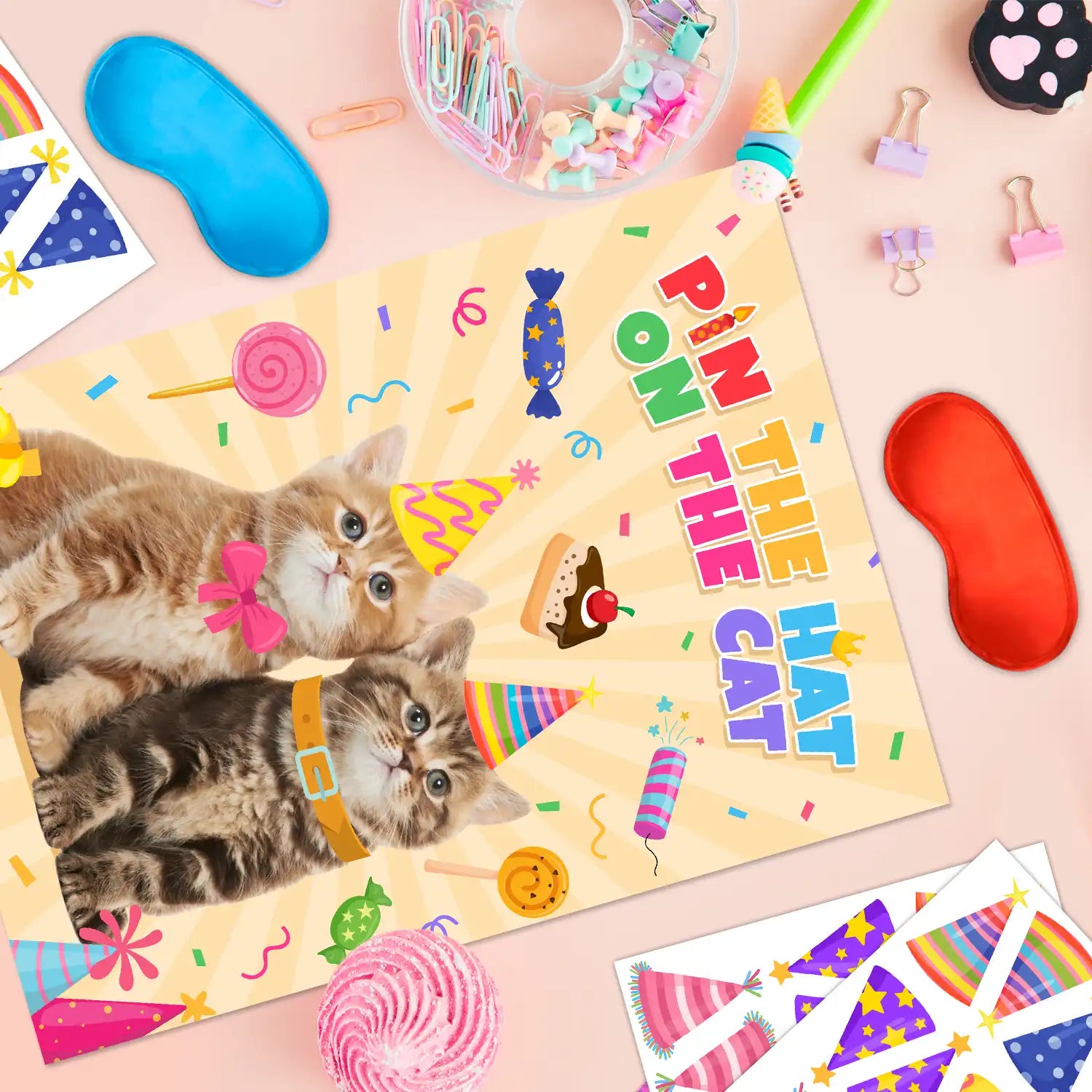 Pin The Hat on The Cat Party Games, 7 Pcs Cat Birthday Party Games Kit - Cat Games Poster, Cat Party Games Blindfold & Cat Birthday Hat Stickers etc Cat Birthday Decorations Supplies