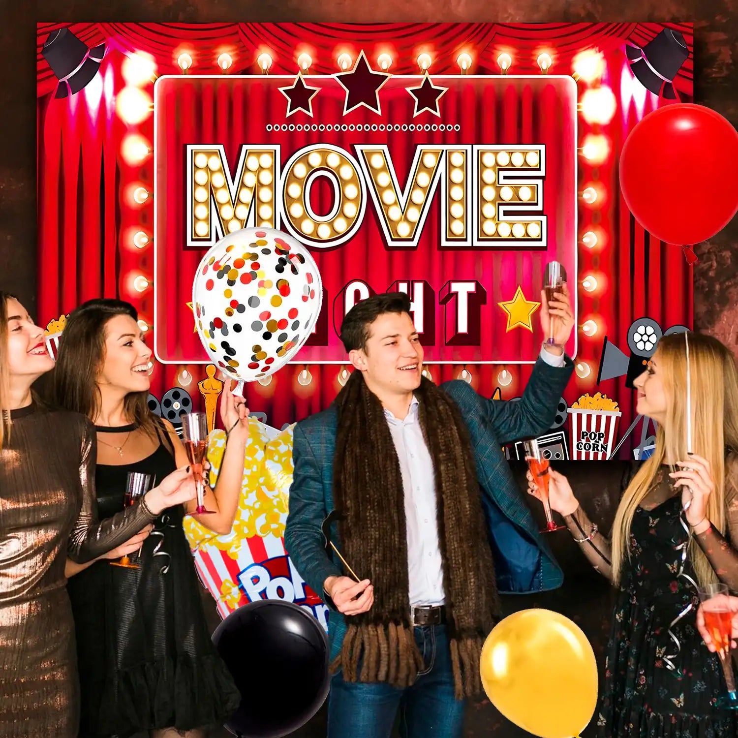 Movie Night Party Decorations, 84 Pcs Movie Night Party Supplies - Movie Night Party Balloons Backdrop Tablecloth & Movie Night Happy Birthday Banner etc Movie Night Birthday Party Decorations