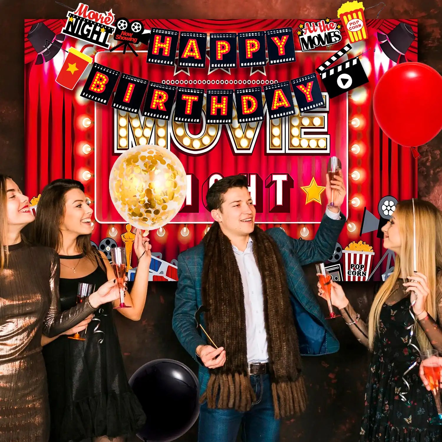 Movie Night Birthday Party Decorations, 10 Guests Movie Night Party Decorations and Tableware - Movie Night Plates Tablecloth Napkins&Movie Night Party Balloons Banner Backdrop etc Movie Night Decorations