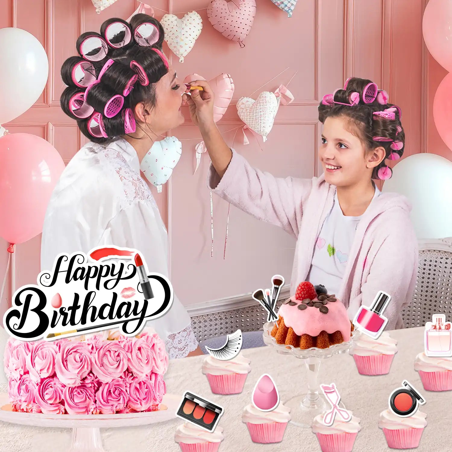 Makeup Cake Decorations, 24 Pcs Makeup Cupcake Toppers/Makeup Party Cupcake Toppers + 1 Pcs Makeup Theme Cake Toppers/Makeup Cake Topper for Makeup Birthday Party Decorations & Spa Party Decorations