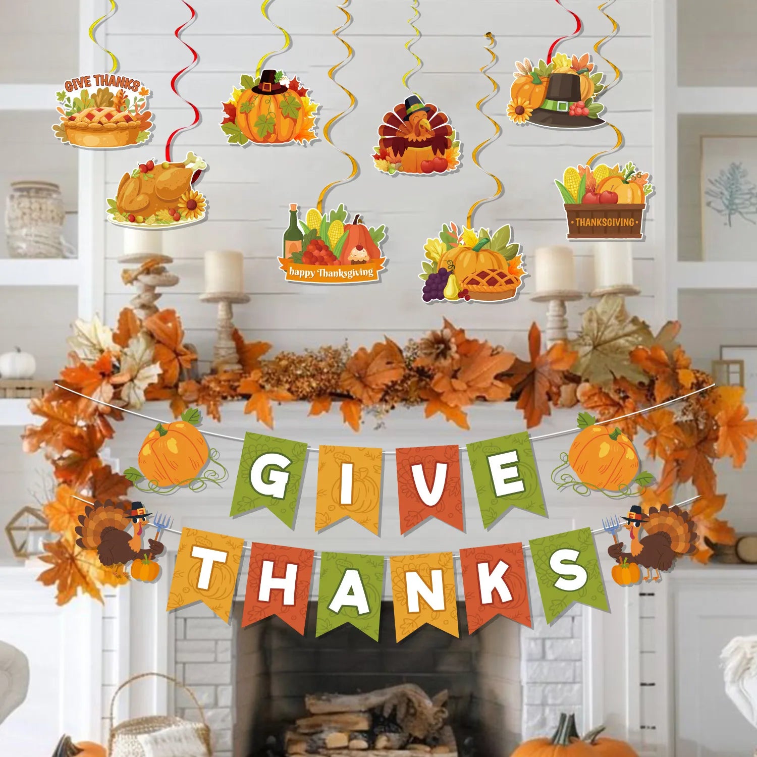 Thanksgiving Banner Hanging Swirls,17pcs Give Thanks Hanging Swirls&Banner Set-Happy Thanksgiving Hanging Swirls,Happy Thanksgiving Banner&Thanksgiving Foil Streamer,for Thanksgiving Party Decorations
