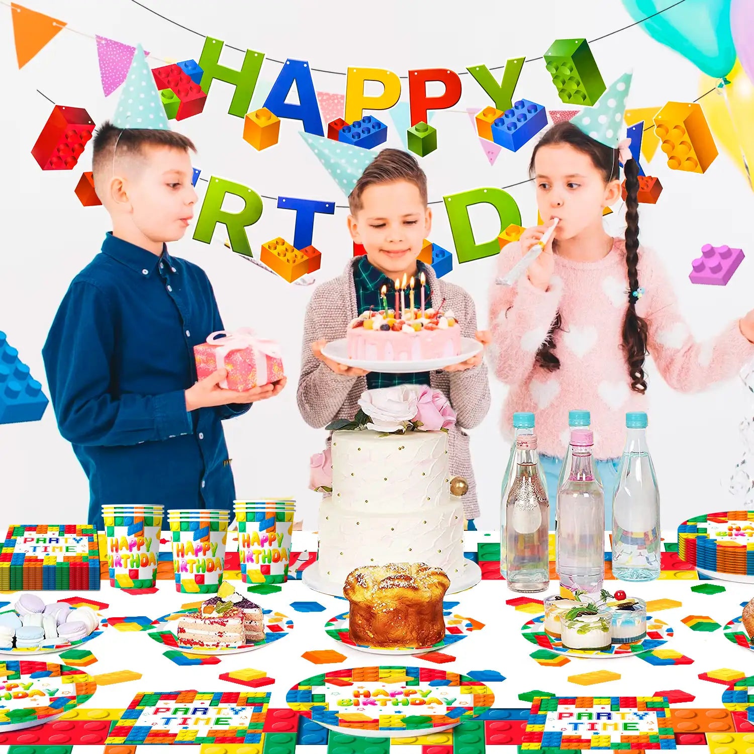 Building Blocks Birthday Party Supplies-16 Guests Building Blocks Party Tableware set-Building Block Party Plates Napkins Tablecloth Banner etc Colorful Building Block Party Supplies for kids Boys/Girls