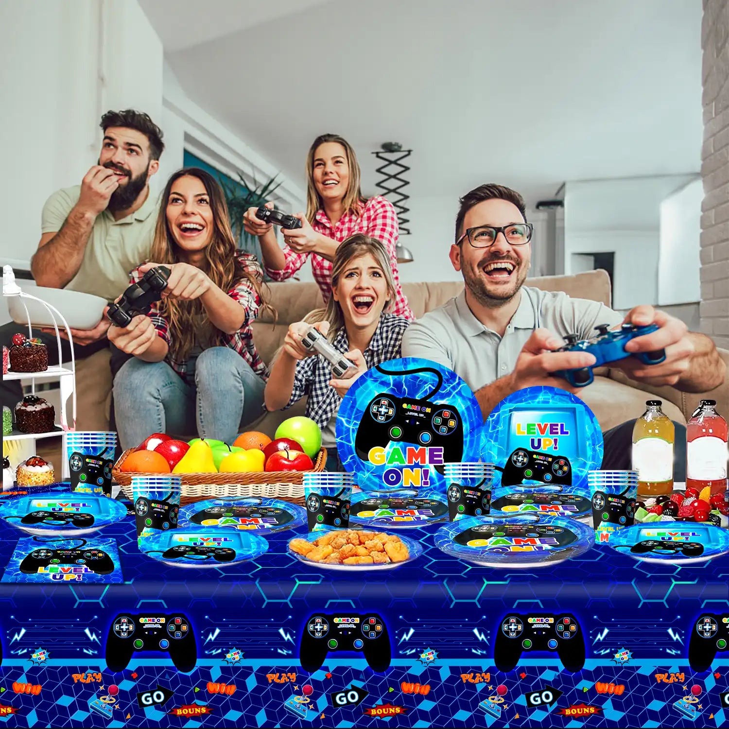 Gamer Birthday Decorations Blue, 16 Guests Gaming Party Tableware Set - Game Themed Party Plate Cups Napkins Tablecloth etc Video Game Birthday Party Supplies for Boys/Girls Kids, Serves 16