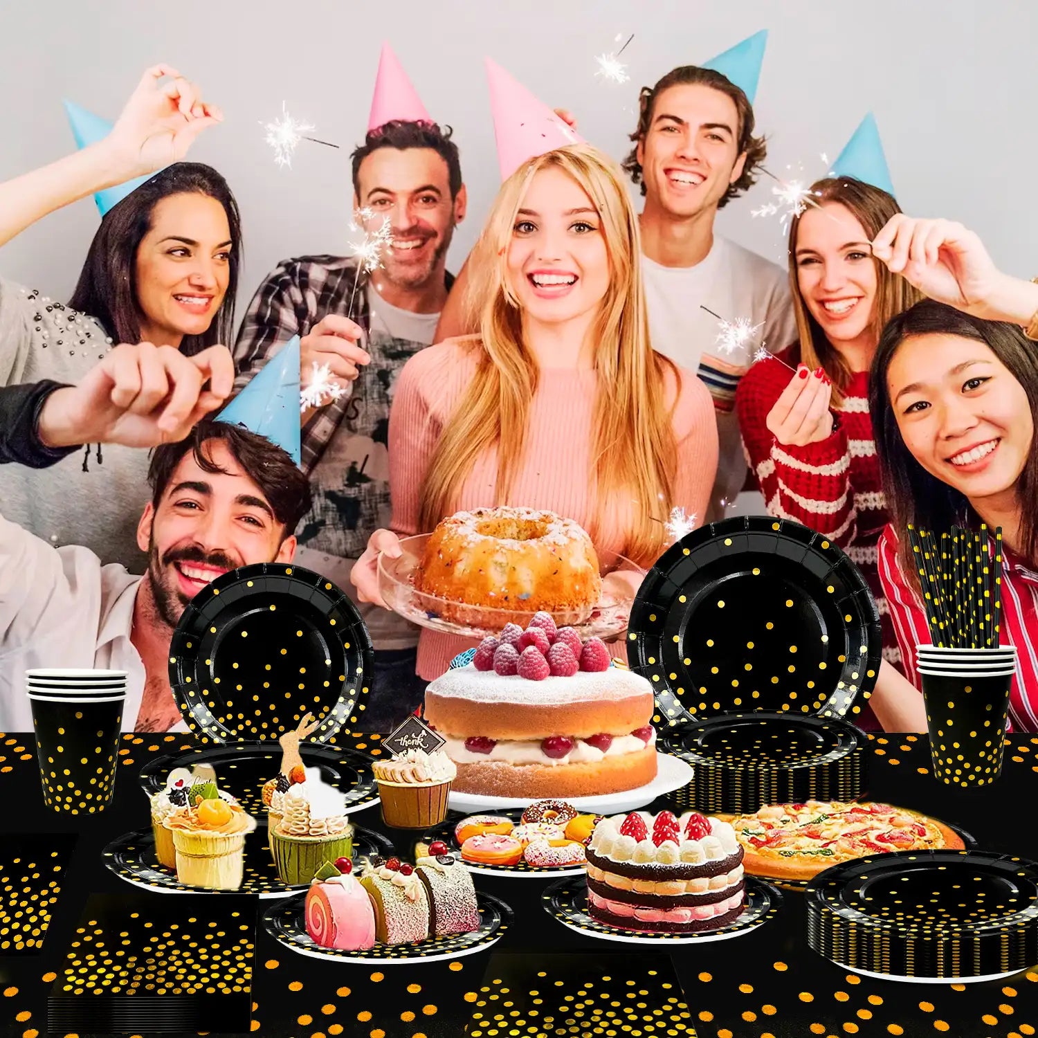Black and Gold Party Decorations Tableware, 24 Guests Black Gold Polka Dot Tableware Set - Black and Gold Paper Plates&Black Golden Dot Paper Cups&Black and Gold Table Cover etc Black Gold Party Supplies