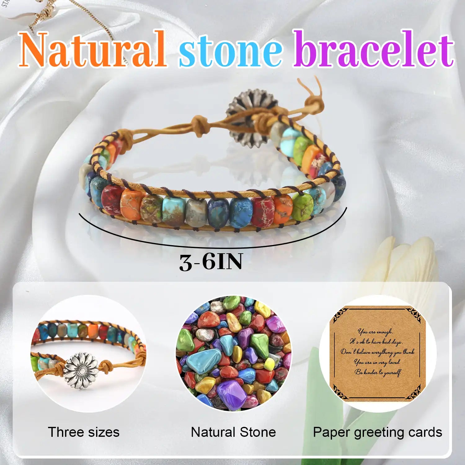 Color Natural Crystal Bracelets, 3-6'' Adjustable Oval Positive Energy Bracelet Semi-Precious Gemstone Beaded Bracelets, Healing Bracelets for Women Gifts