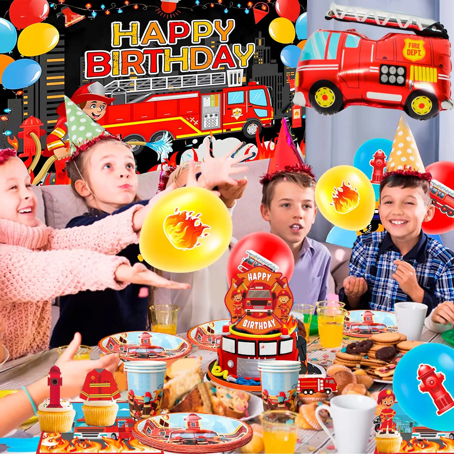 Fire Truck Birthday Party Supplies, 10 Guests Firetruck Birthday Decorations & Tableware Set - Fire Truck Party Plates Cups Napkins & Firefighter Themed Balloon Backdrop etc Fire Truck Party Supplies