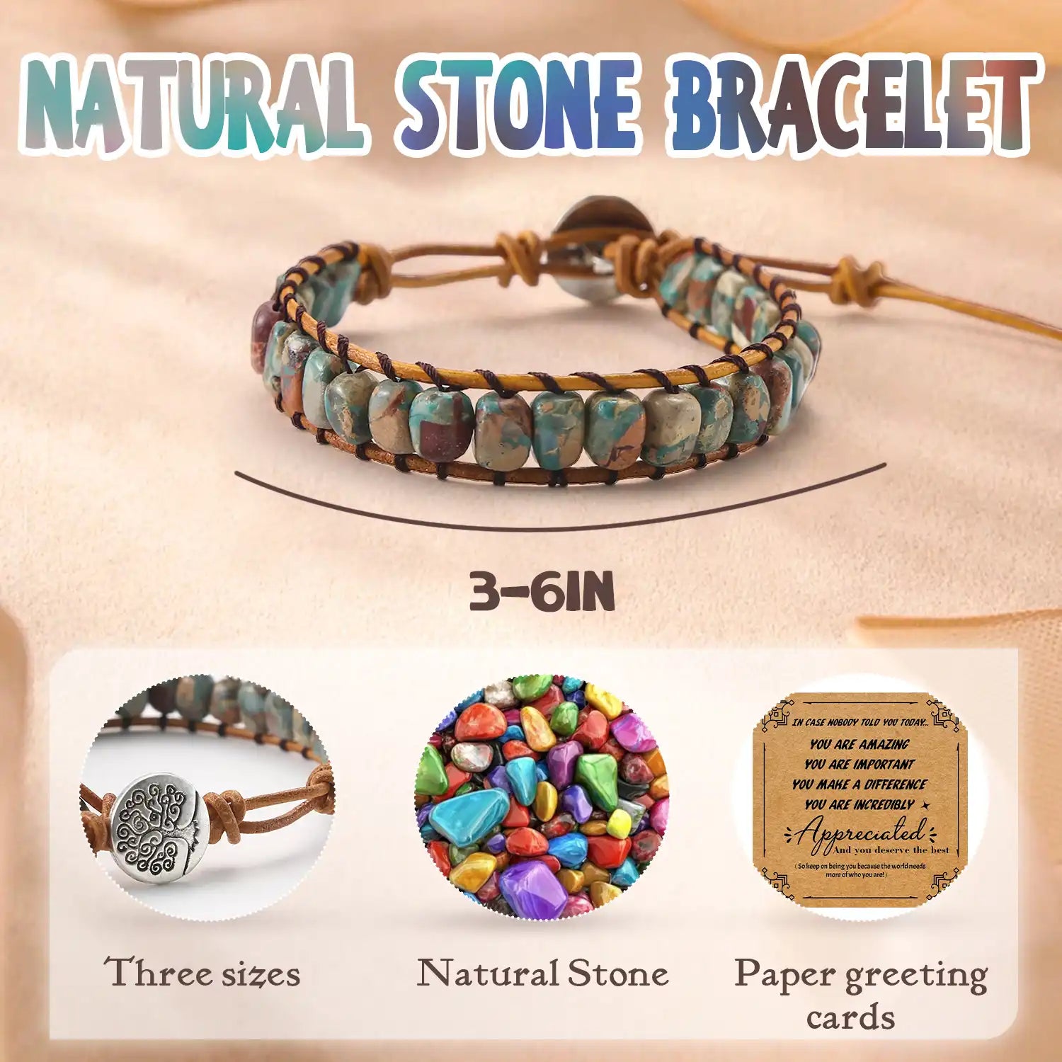 Natural Stone Bracelets, 3 To 6'' Gemstones Beaded Stretch Bracelet Healing Crystal Bracelet Inspirational Bracelets Yoga Bracelet Natural Stones for Natural Life Gifts