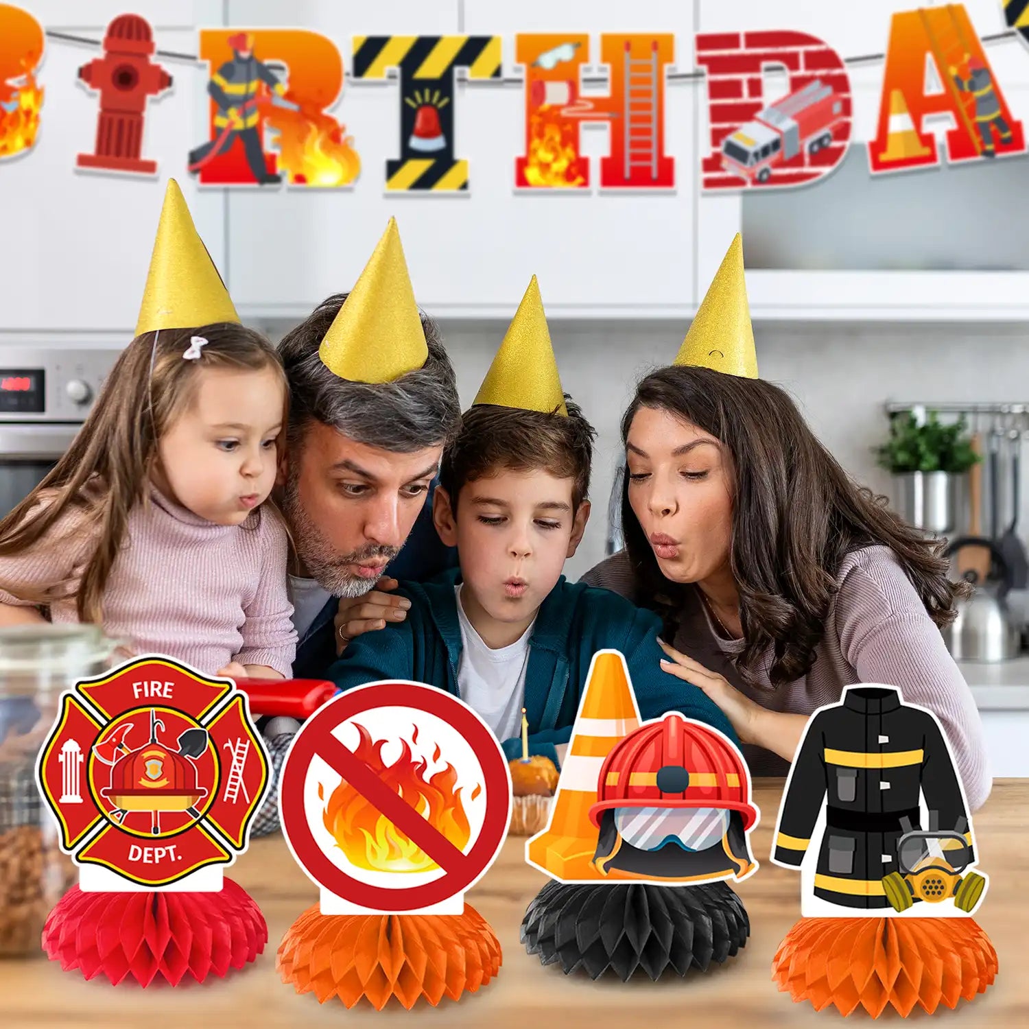 Firetruck Honeycomb Centerpieces, 9 Pcs Fireman Honeycomb Centerpiece, Firetruck Honeycomb Table Centerpiece, Firetruck Birthday Table Honeycomb Centerpieces for Firetruck Birthday Decorations