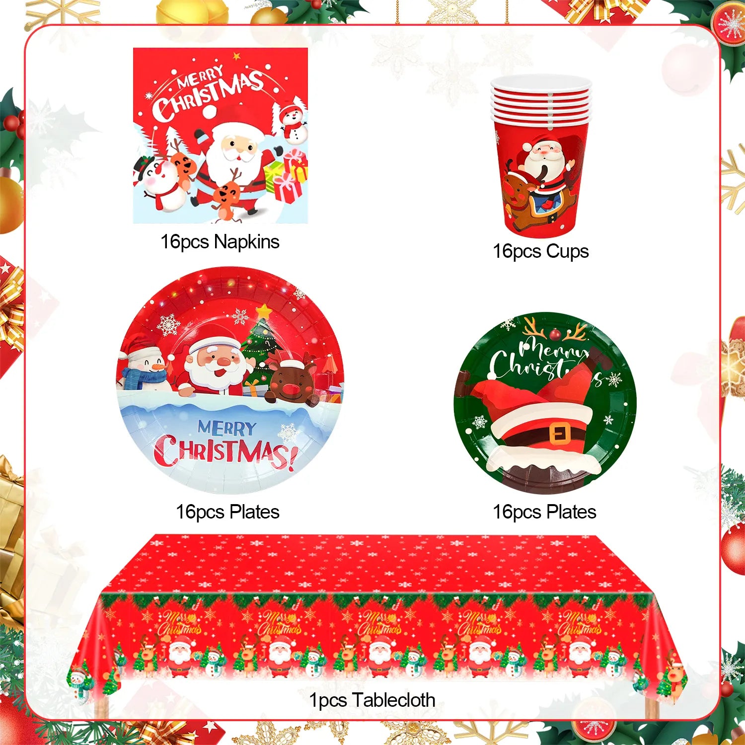 Christmas Tableware,65pcs Christmas Party Tableware Set Including Christmas Paper Plates and Napkins Cups and Christmas Tablecloth etc Xmas Party Tableware for Boys/Girls Christmas Party Supplies