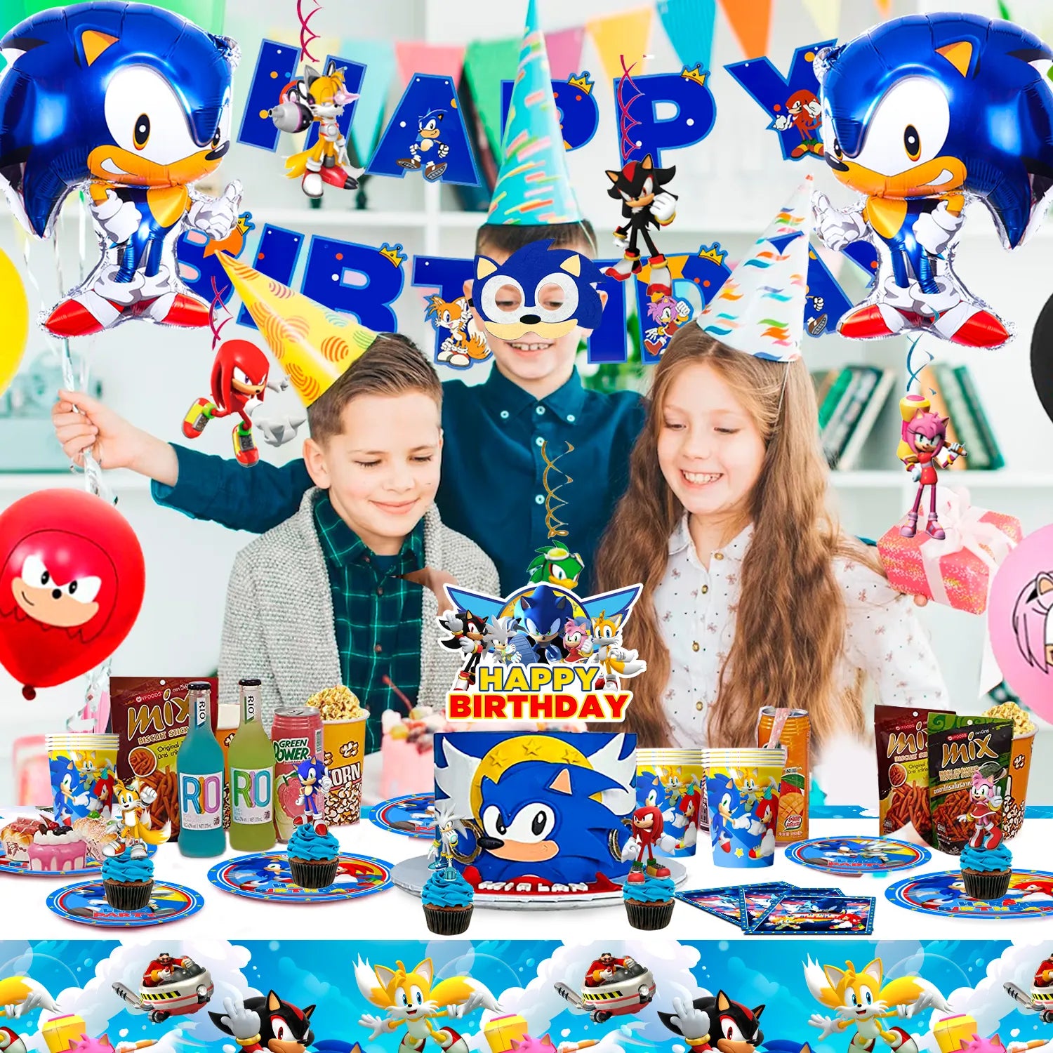 Sonic Birthday Party Supplies,88pcs Sonic Birthday Decorations Include Sonic Birthday Banner Ballons Plates Cups Napkins Cake Toppers Tablecover Tableware Set,ect Sonic The Hedgehog Party Supplies