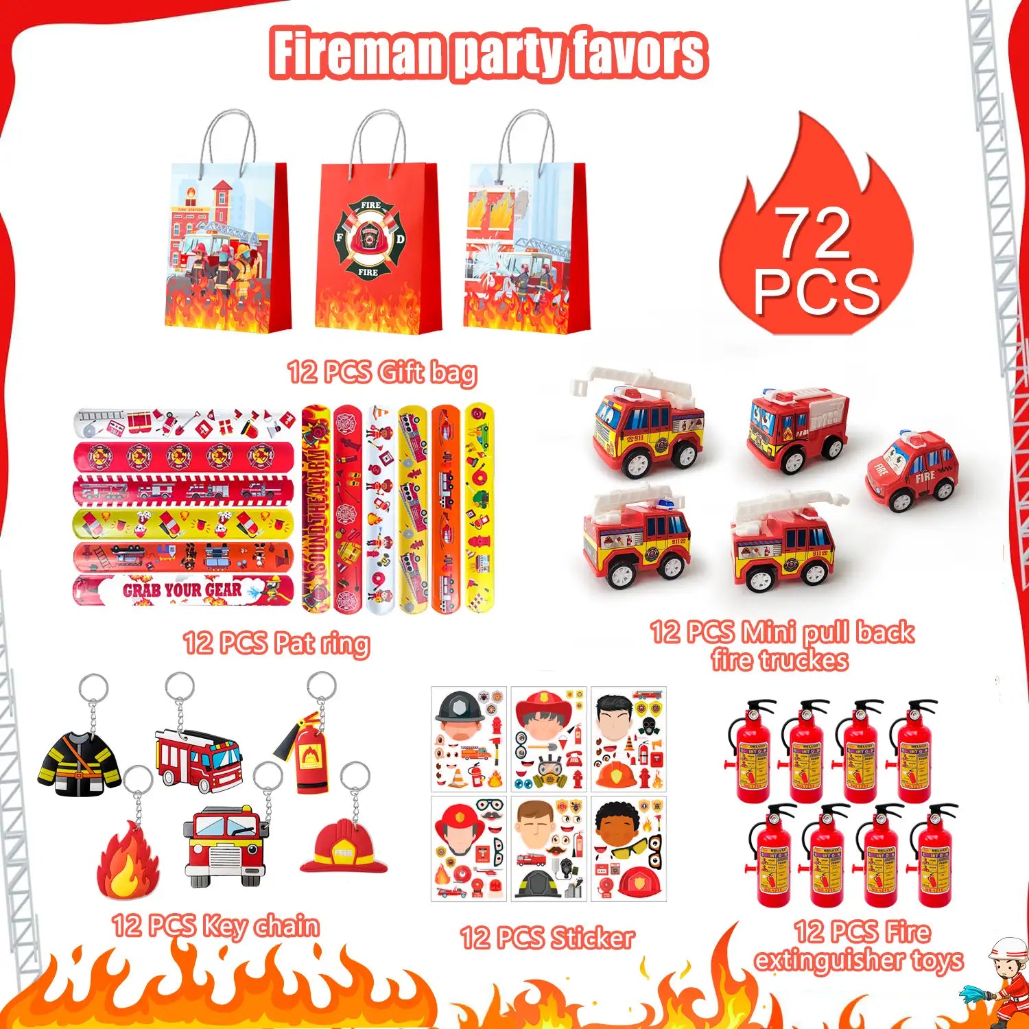 Firefighter Party Favors,12 Guests Fire Truck Party Favors Set- Firefighter Party Stickers Slap Bracelets Keychains etc Firefighter Themed Party Favors for Firefighter Birthday Party Decorations Supplies